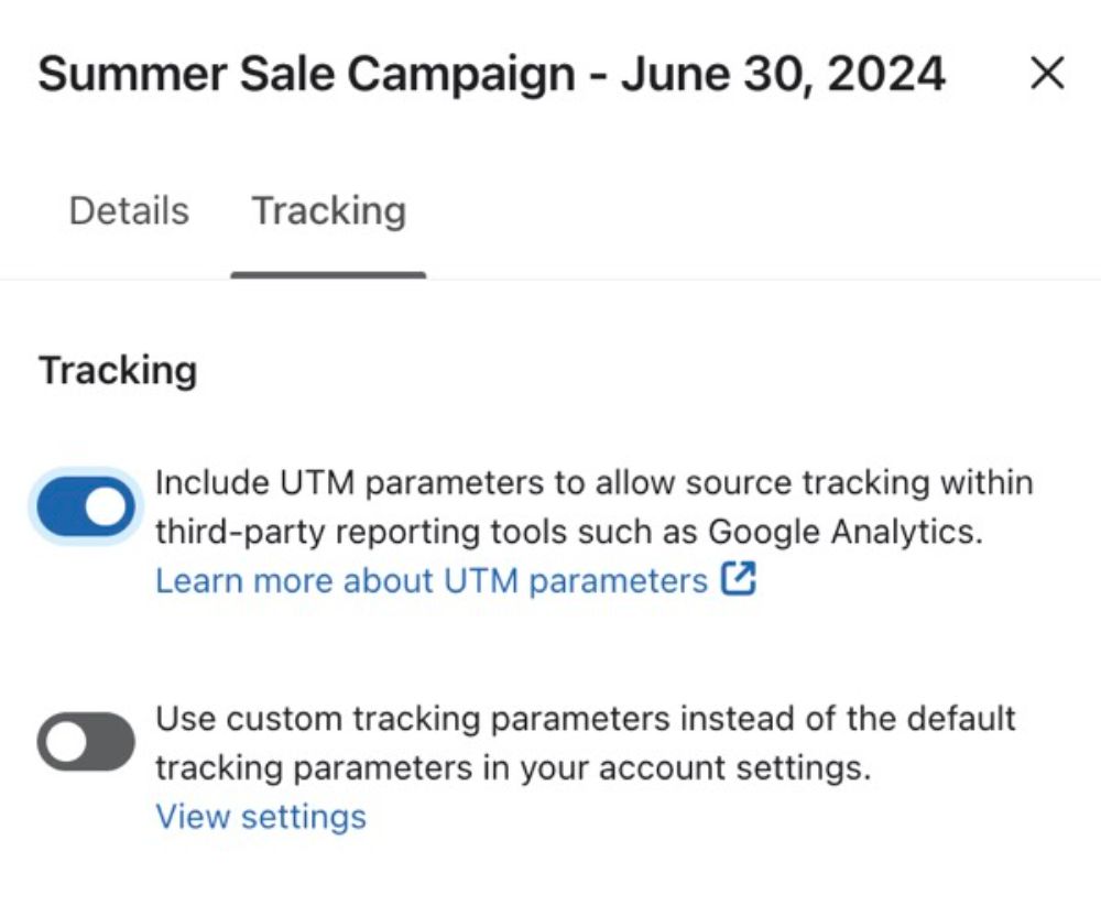 "Campaign tracking settings for a Summer Sale Campaign, with toggles for enabling UTM parameters and using custom tracking parameters for analytics."