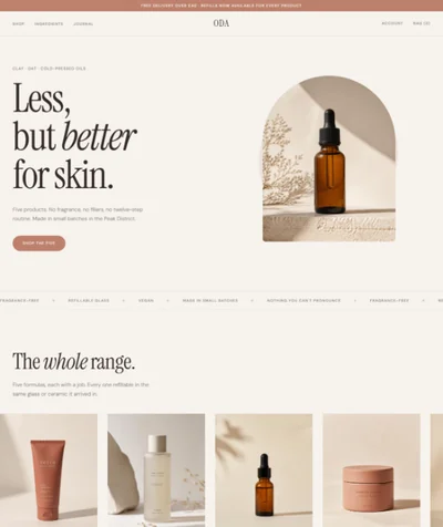 Skincare brand website built with AI showing a clay and cream hero, product bottle in an arch and the product range