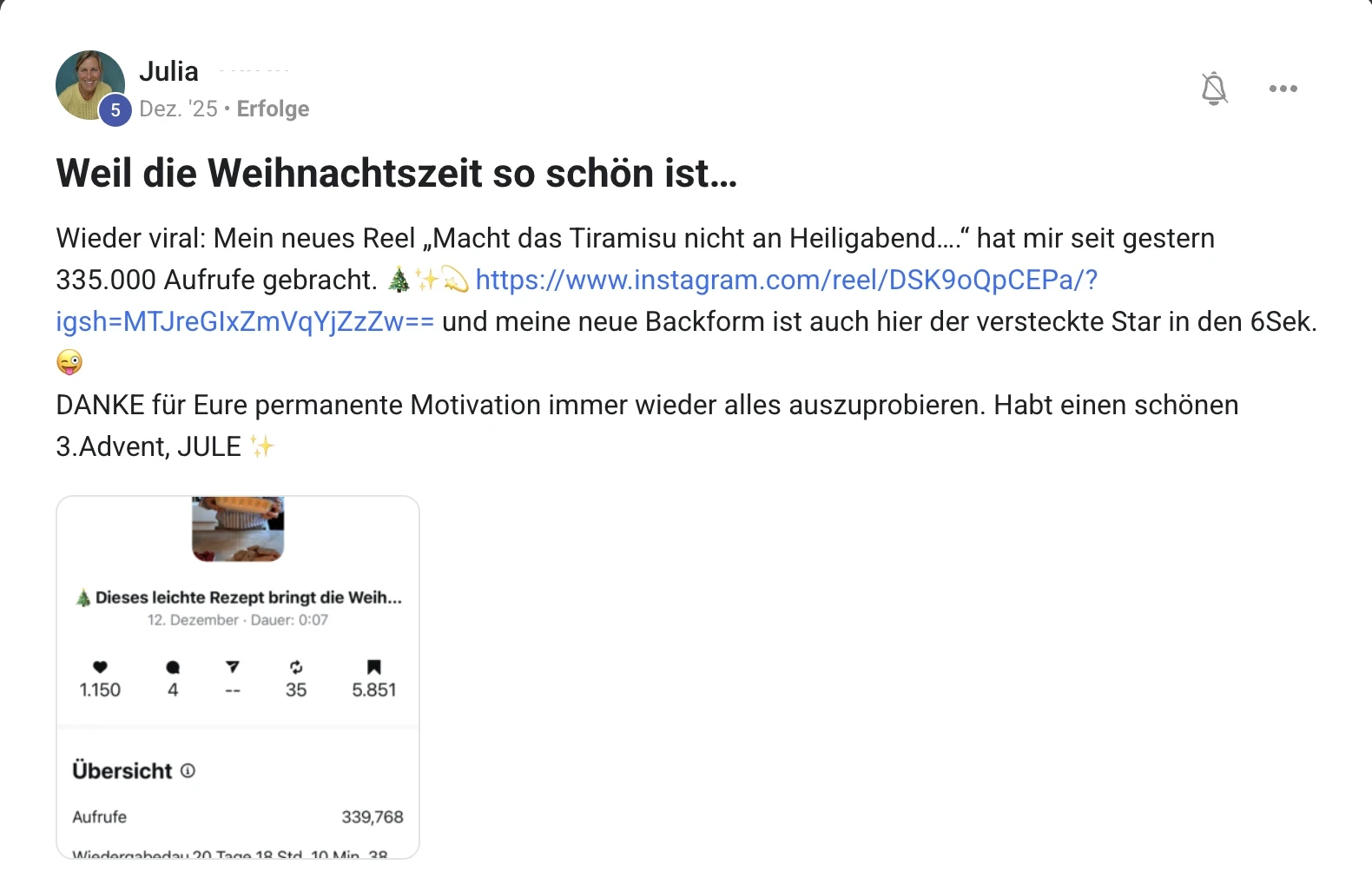 Erfahrungsbericht KI Creator Akademie: Back-Creatorin Julias Weihnachts-Reel erreicht über 335.000 Aufrufe