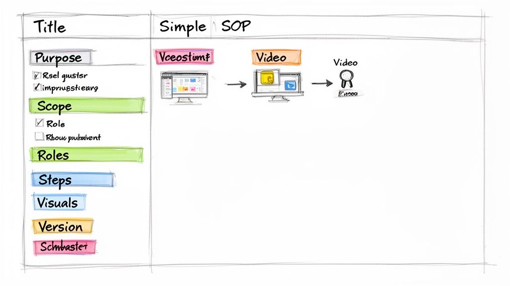 Handdrawn simple SOP document layout with sections for purpose, scope, roles, and a video creation workflow.
