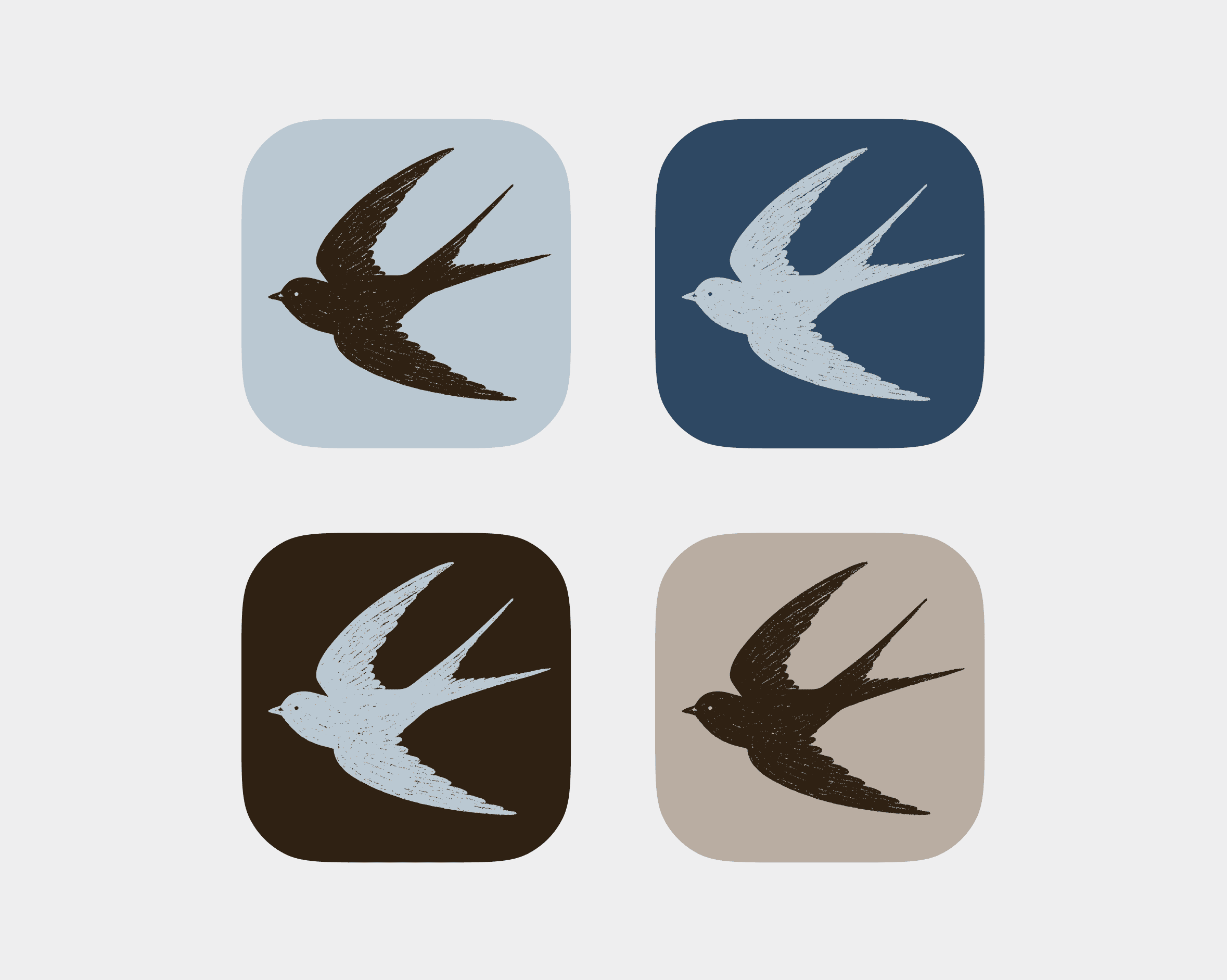 Four Gentle Nudges app icon variations in different colors, each featuring the swallow logo