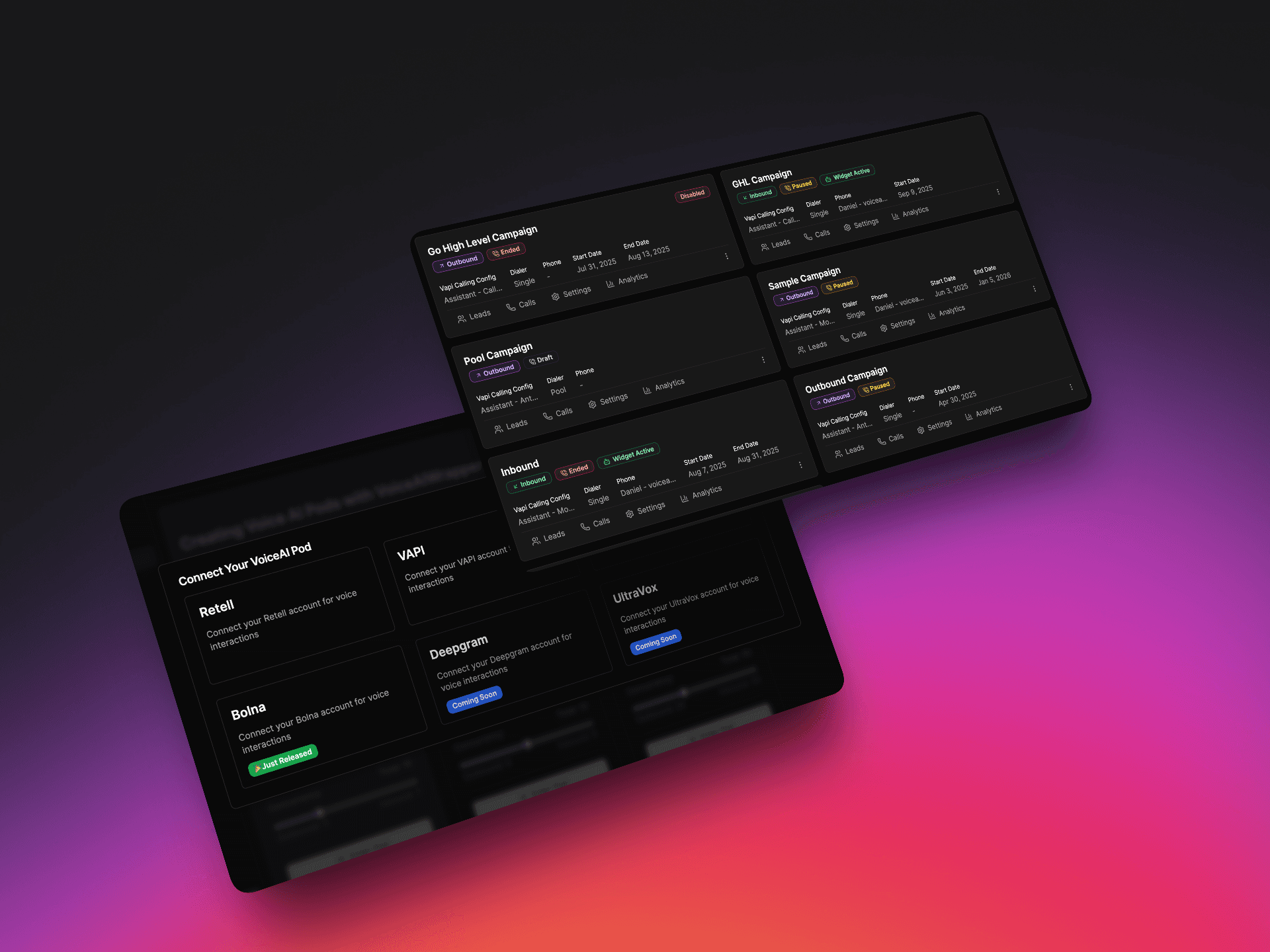 White labeled voice AI call bot with multiple use cases VoiceAIWrapper showing campaign management and provider integrations | VoiceAIWrapper
