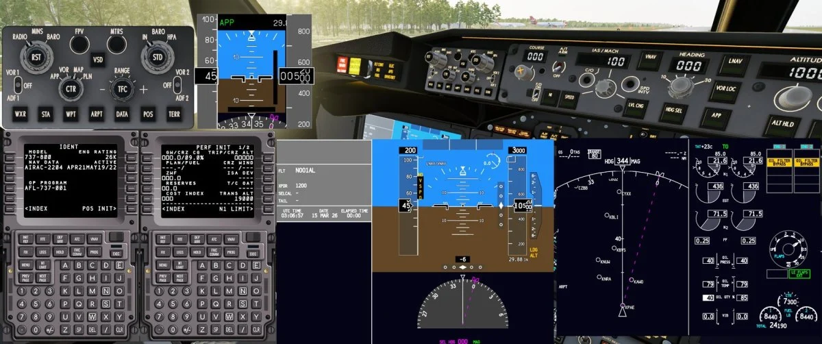 Collage of AFL 737 MAX avionics: EFIS panel, standby display, MCP, CDU pages, PFD, navigation display, and engine indications