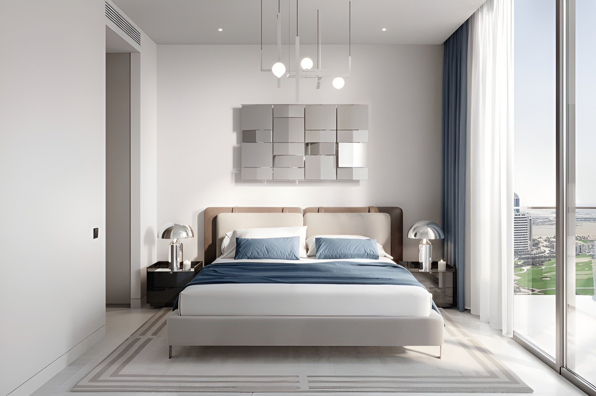 Contemporary bedroom with a spacious window showcasing a city skyline, created by Object1, named Tetris Tower.