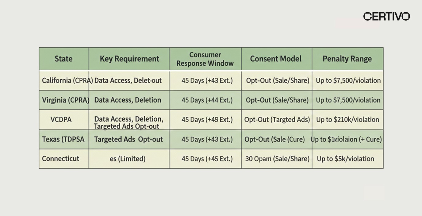 State privacy laws for dealership compliance comparison table across California Virginia Texas and Colorado