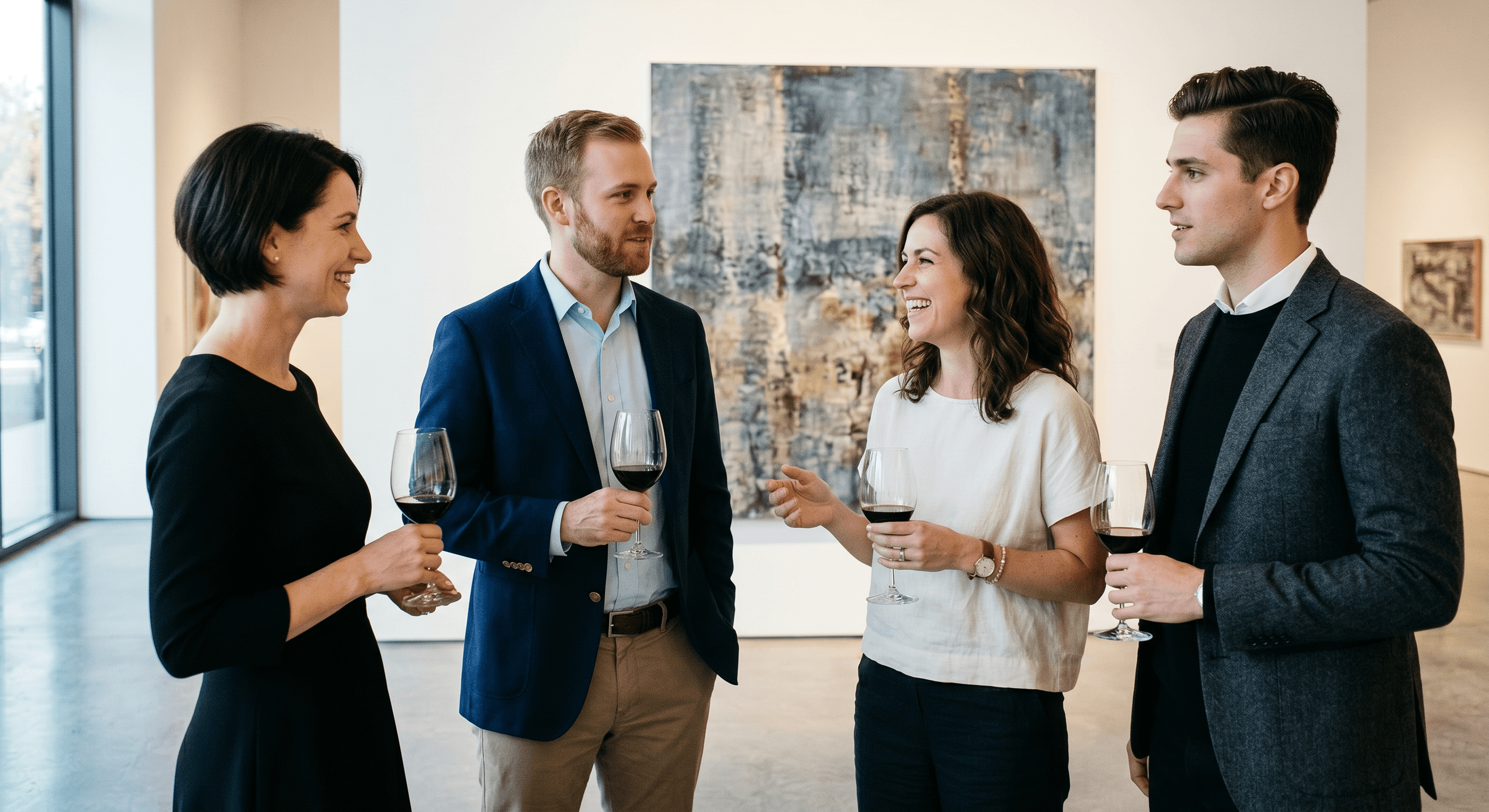 five person standing while talking each other