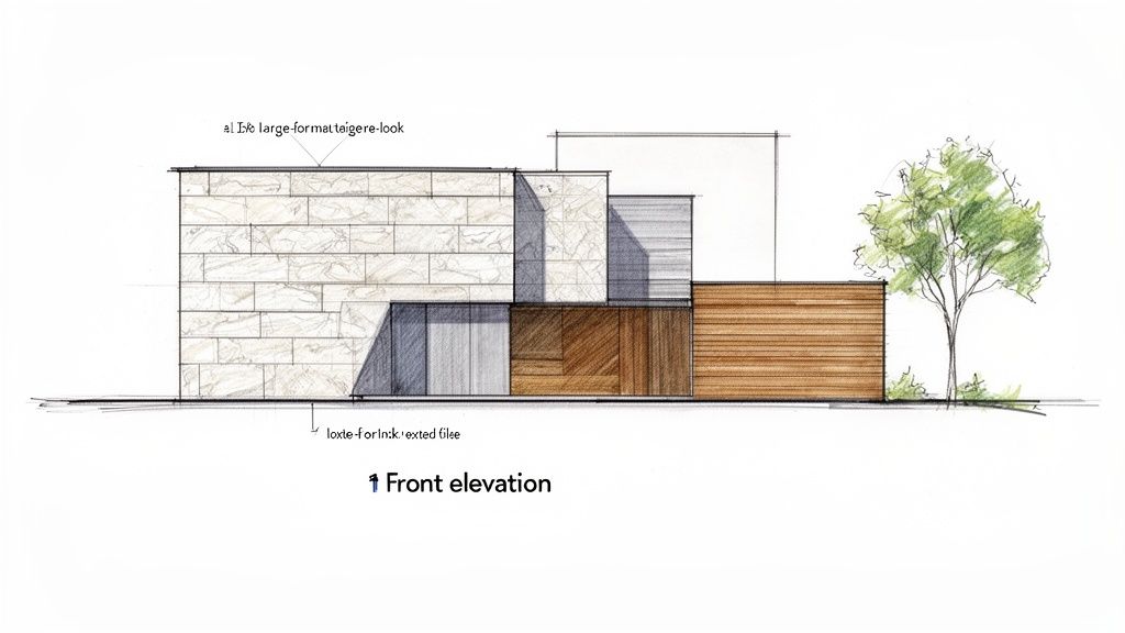 A hand-drawn architectural sketch showing the front elevation of a modern building with mixed tile and wood facade.