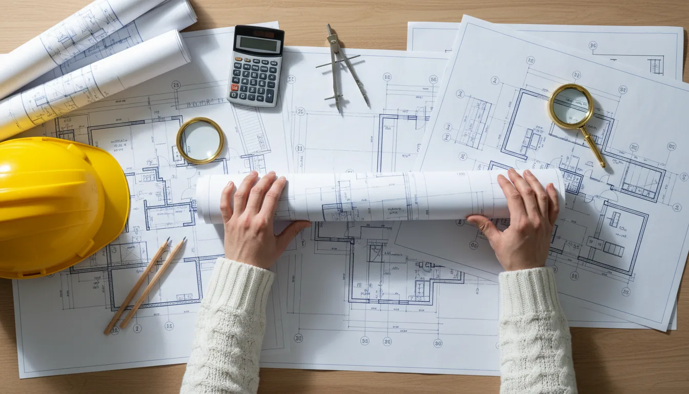 DSLR photography, top-down flat lay view of an architect's desk covered in detailed architectural blueprints. A person's hands in a white sweater are unrolling a set of plans. A bright yellow hard hat, a calculator, a magnifying glass, drafting compasses, and pencils are arranged across the schematics. The scene is lit by bright, even natural daylight with soft shadows, everything in sharp focus.
