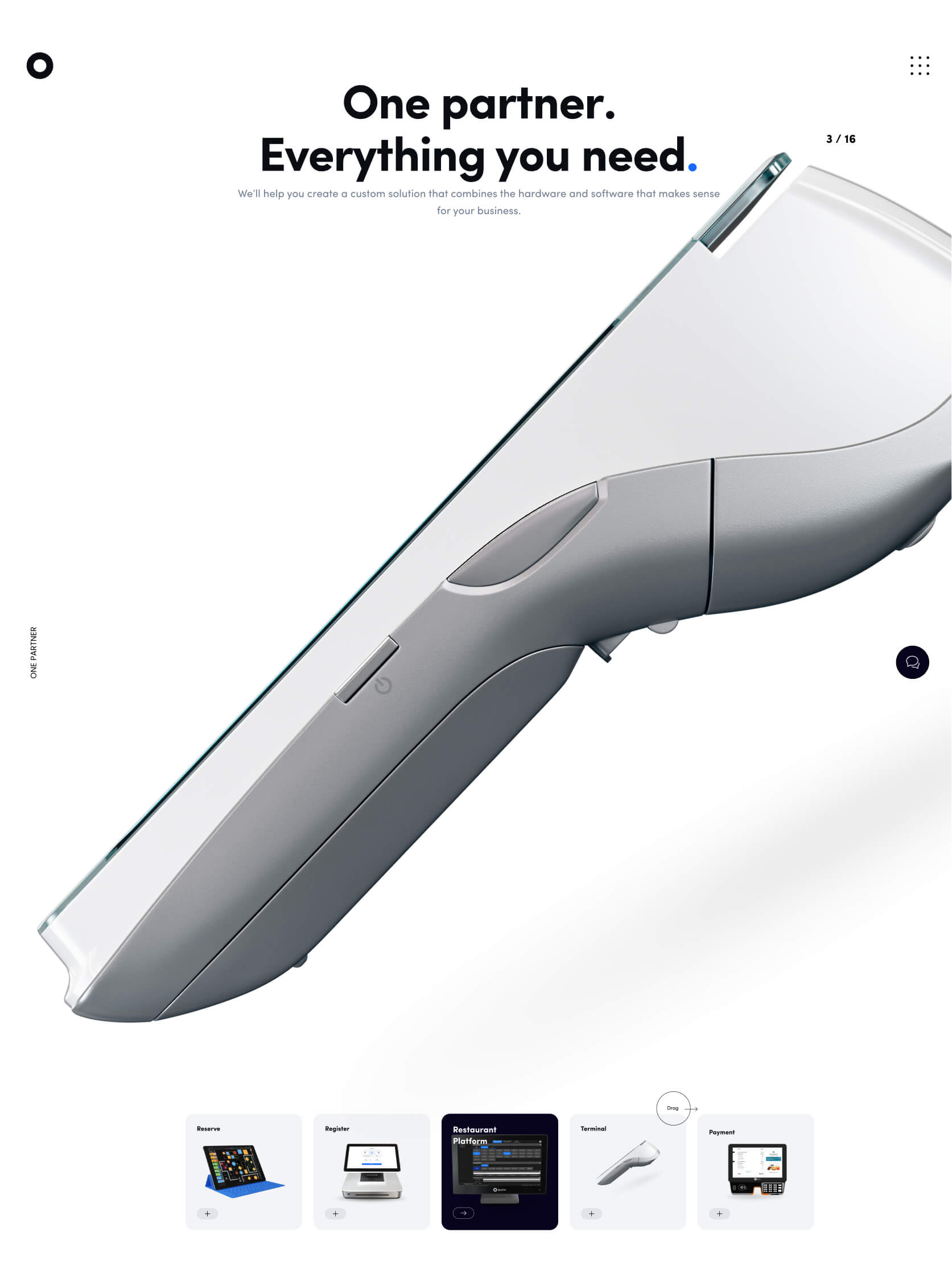 A sleek, modern point-of-sale terminal is prominently displayed, featuring a minimalist design with smooth lines and a gleaming, white finish, set against a clean, white background with minimalistic text indicating a comprehensive business solution.