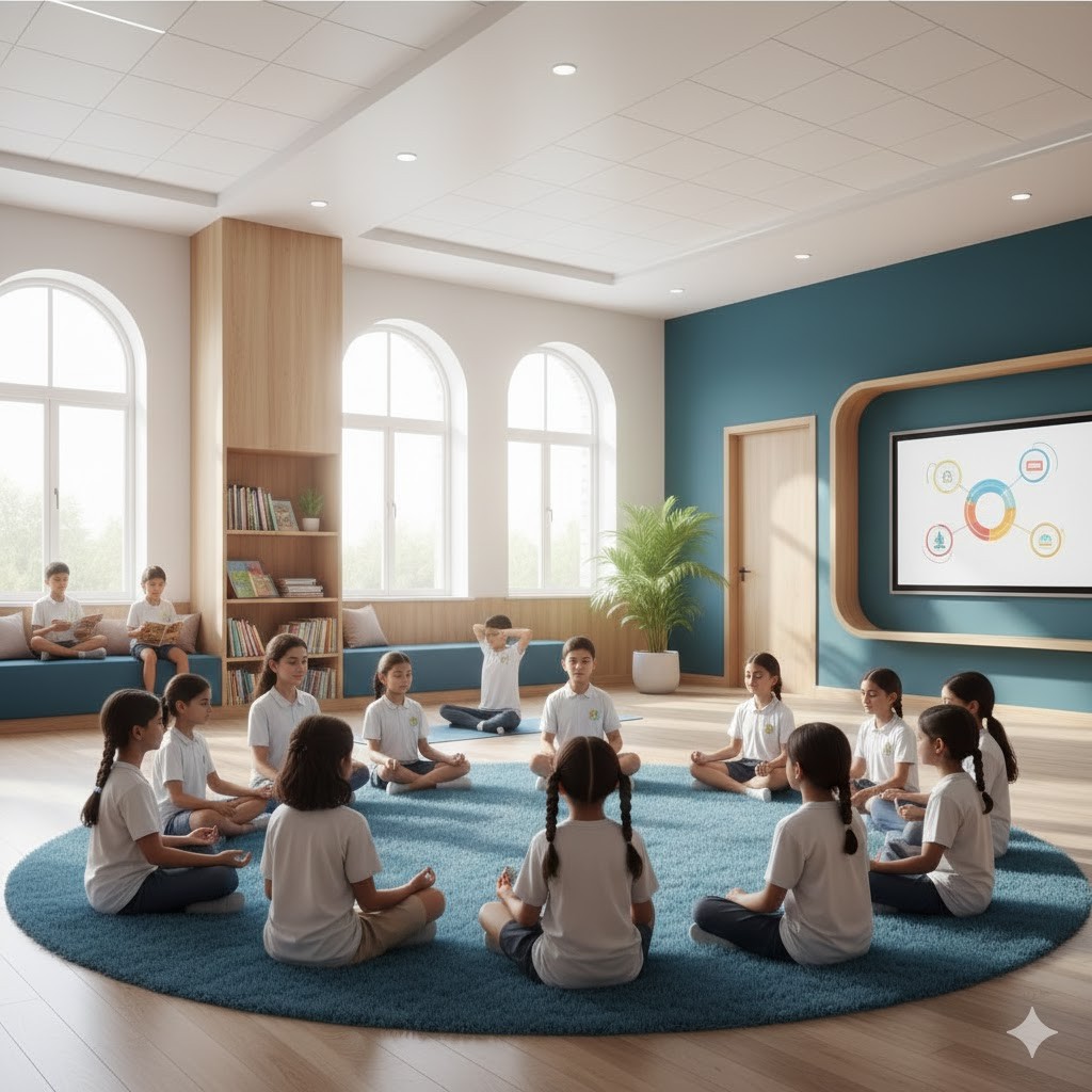 A school building stands against the backdrop of a clear sky