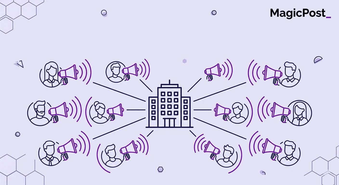 An illustration of many employees engaging and posting about their company, signifiying the importance of LinkedIn employee branding