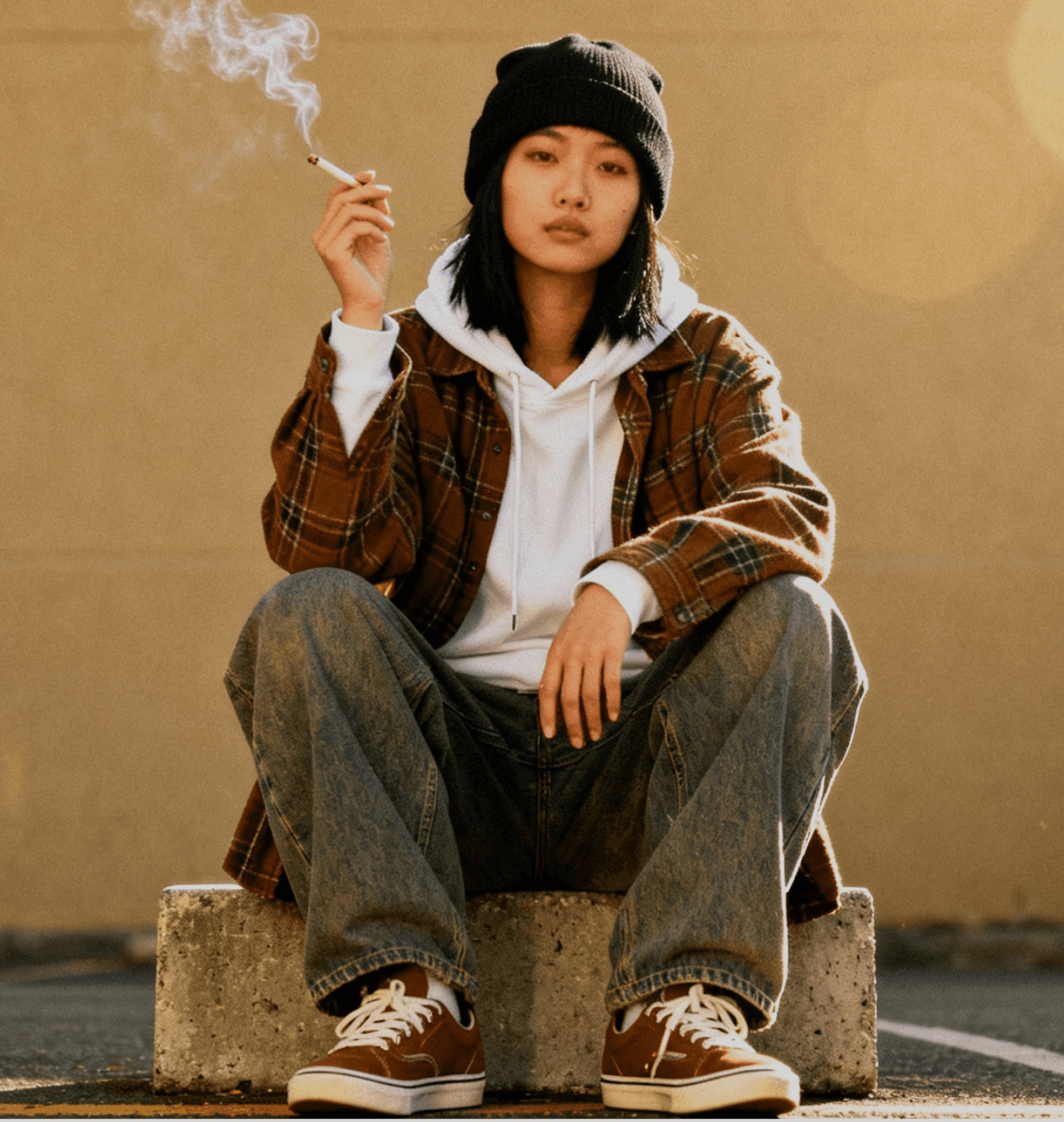 Person in streetwear sitting on a concrete block, wearing a plaid shirt and beanie, holding a cigarette in a sunlit outdoor setting.