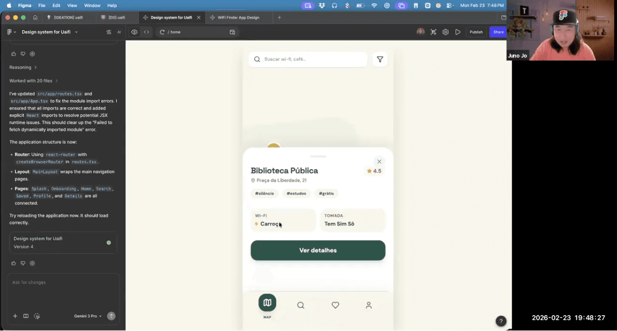 O app funcionando: “Biblioteca Pública”, Praça da Liberdade, Wi-Fi “Carroça”, tags #silêncio #estudos #grátis.