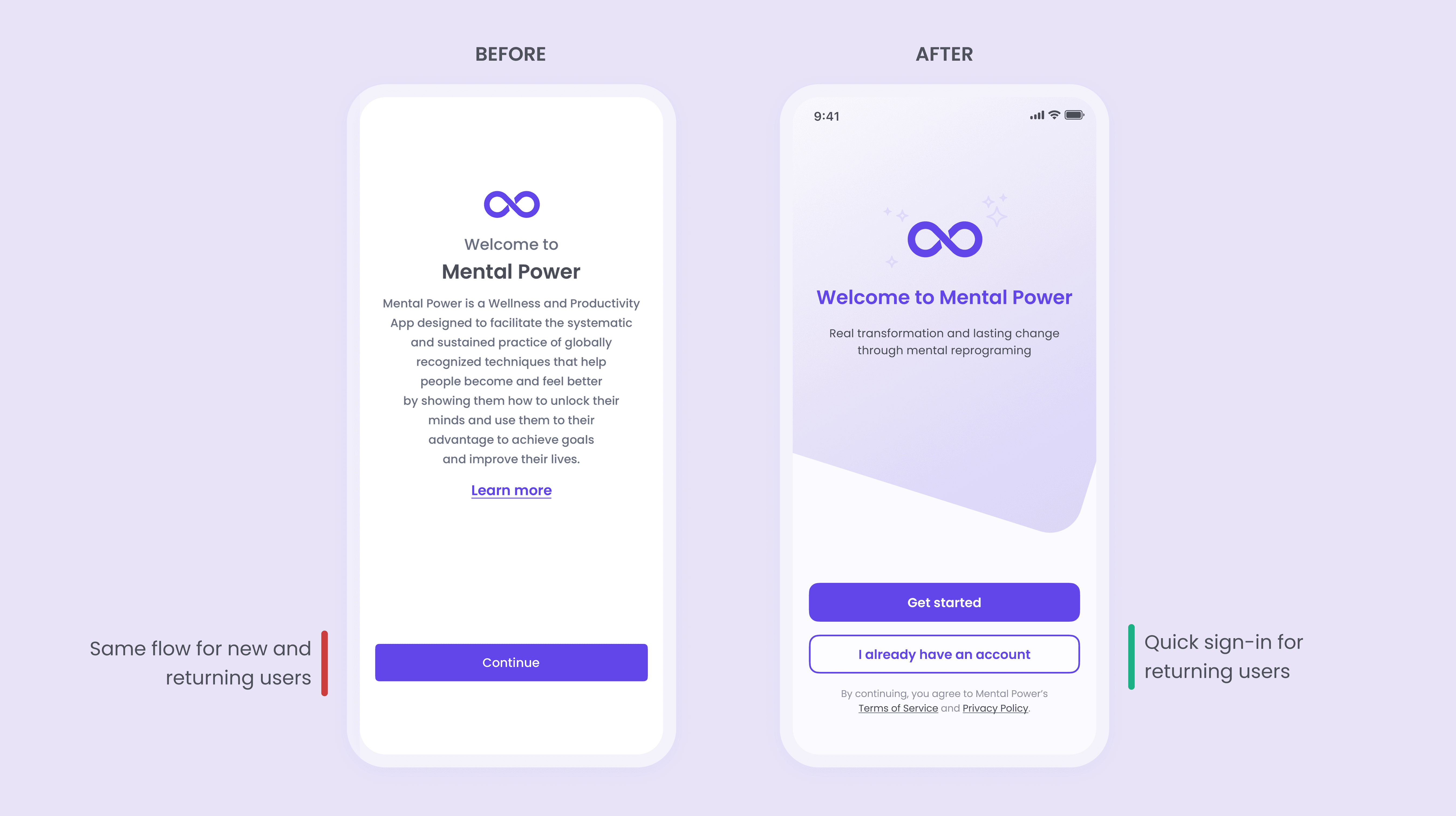 Side-by-side comparison of the Mental Power account creation screen before and after redesign. The original version used underlined text fields, while the redesigned screen uses outlined input fields to improve readability, accessibility, and form clarity, with a clearer primary action for account creation.