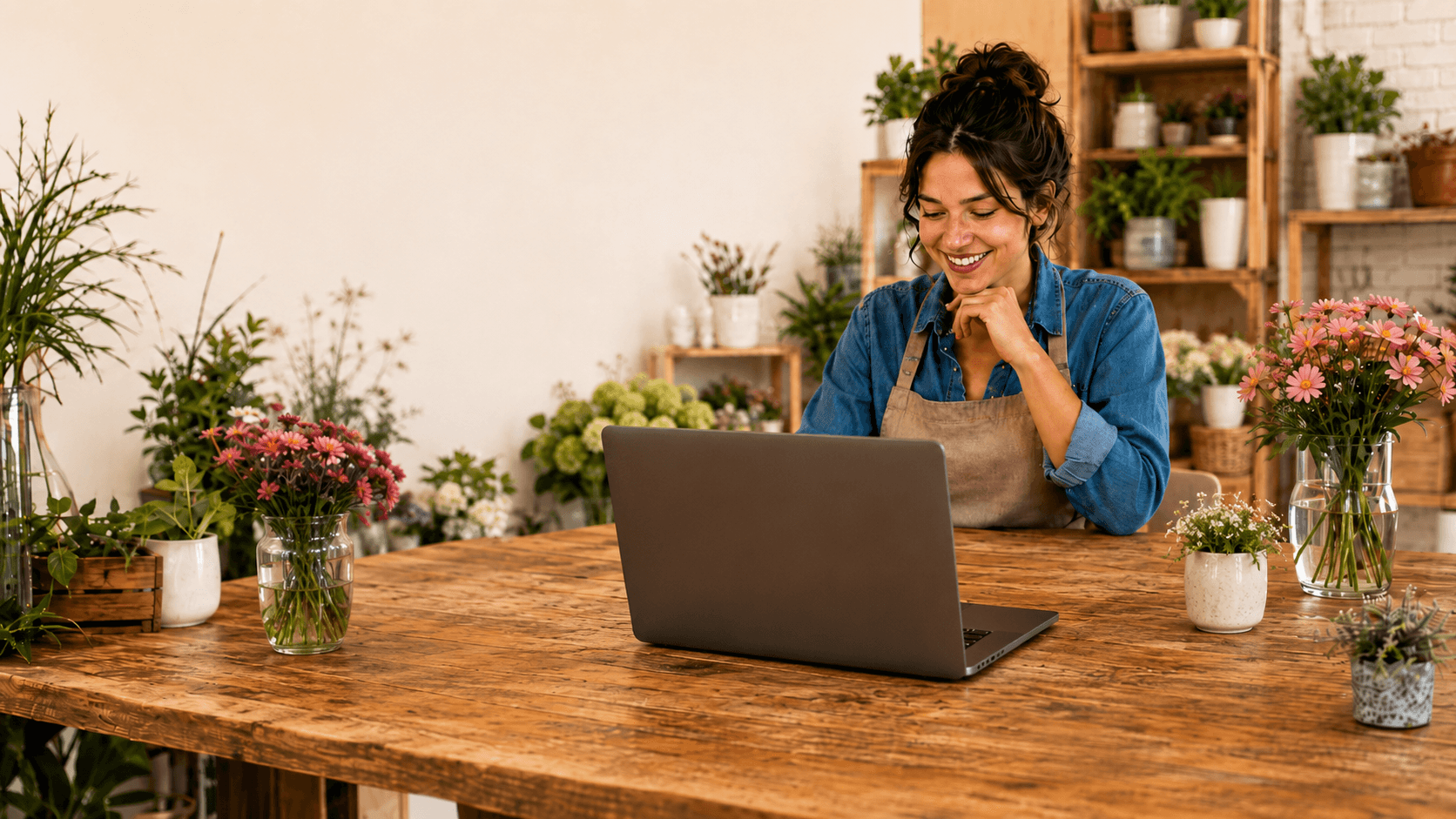 A smiling small business owner works on a laptop at a wooden table in a cozy floral studio surrounded by plants and fresh flowers.