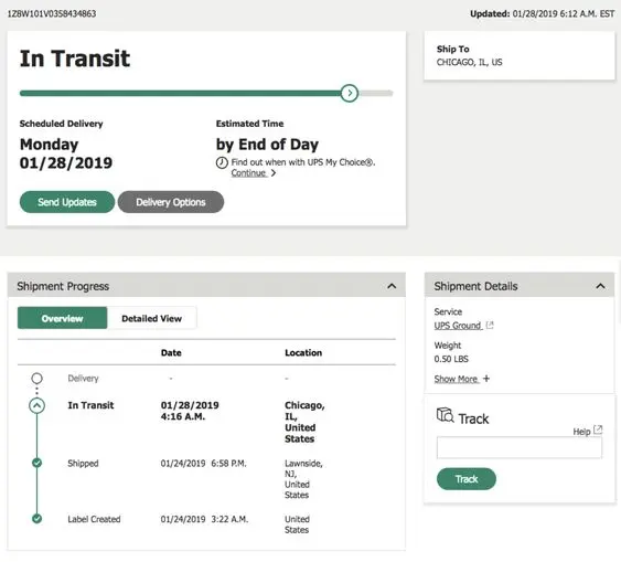 UPS tracking page showing delayed shipment status.