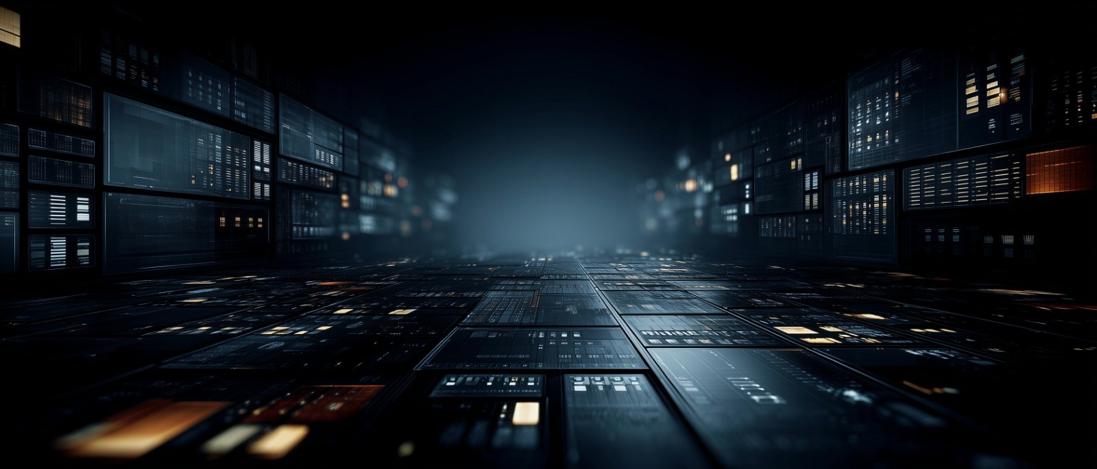 Dark, futuristic data corridor with illuminated dashboard-like panels lining the walls and floor, creating the impression of a high-tech trade intelligence or command center.