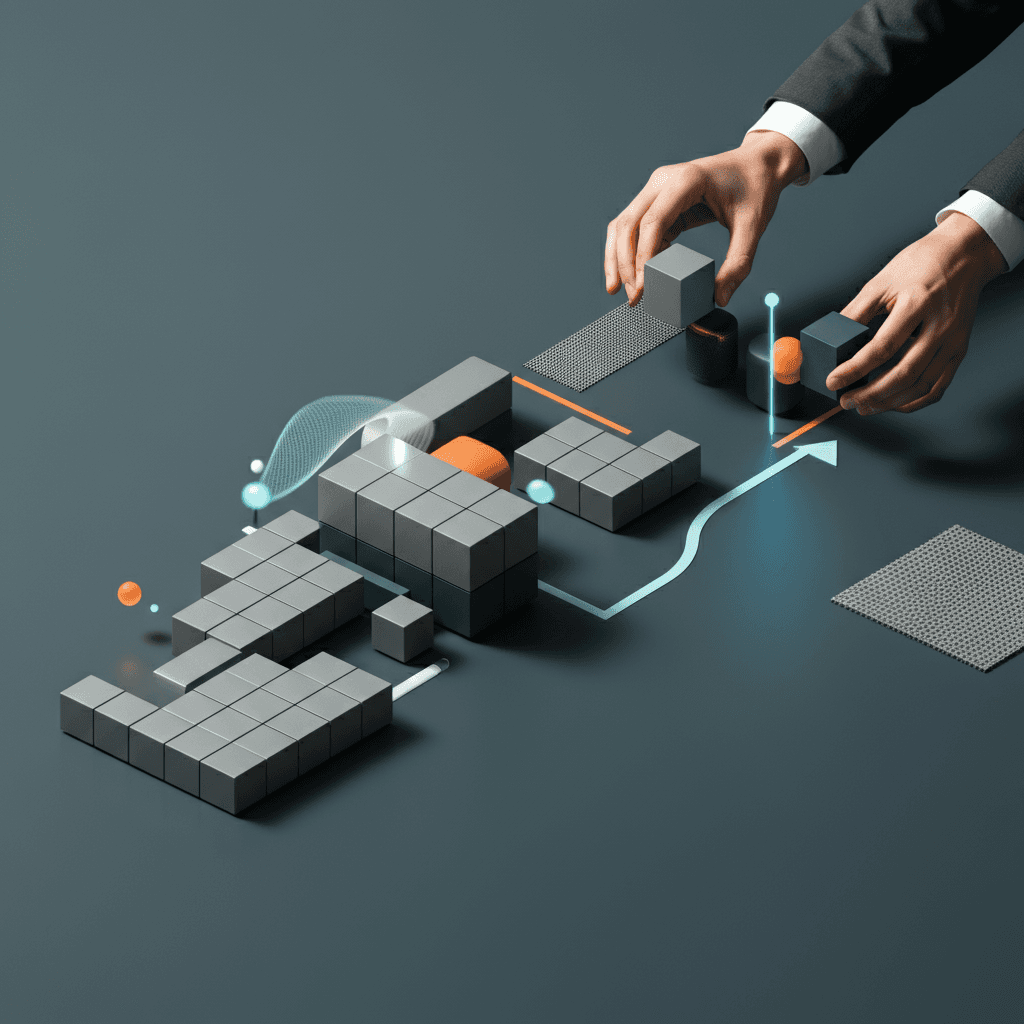 An abstract representation of business strategy and organizational structure.
Top-down view of modular blocks being organized into a clear path.
Include hands or tools gently arranging the elements.
Minimalist, professional, futuristic aesthetic.
Soft lighting, muted corporate color palette (gray, blue, orange).
Should convey clarity, transformation, and systematization.
Perfect for illustrating a consulting offer called "Agora Strategy".
