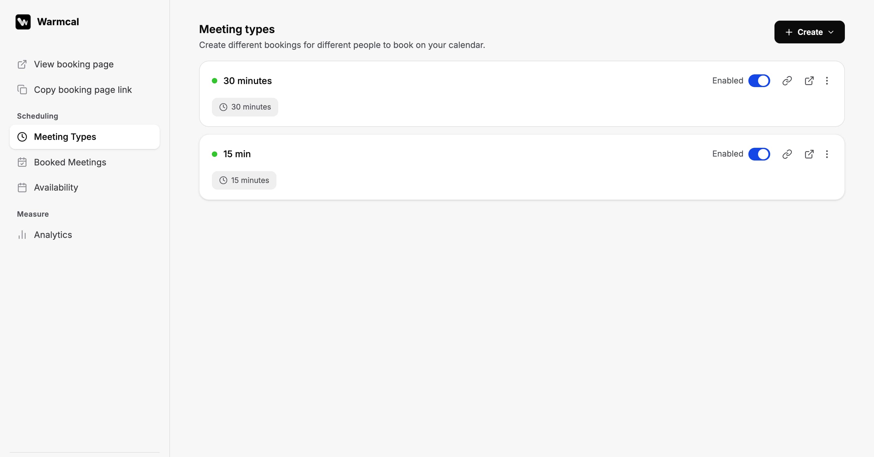 Warmcal meeting event link page showing booking URL and scheduling details