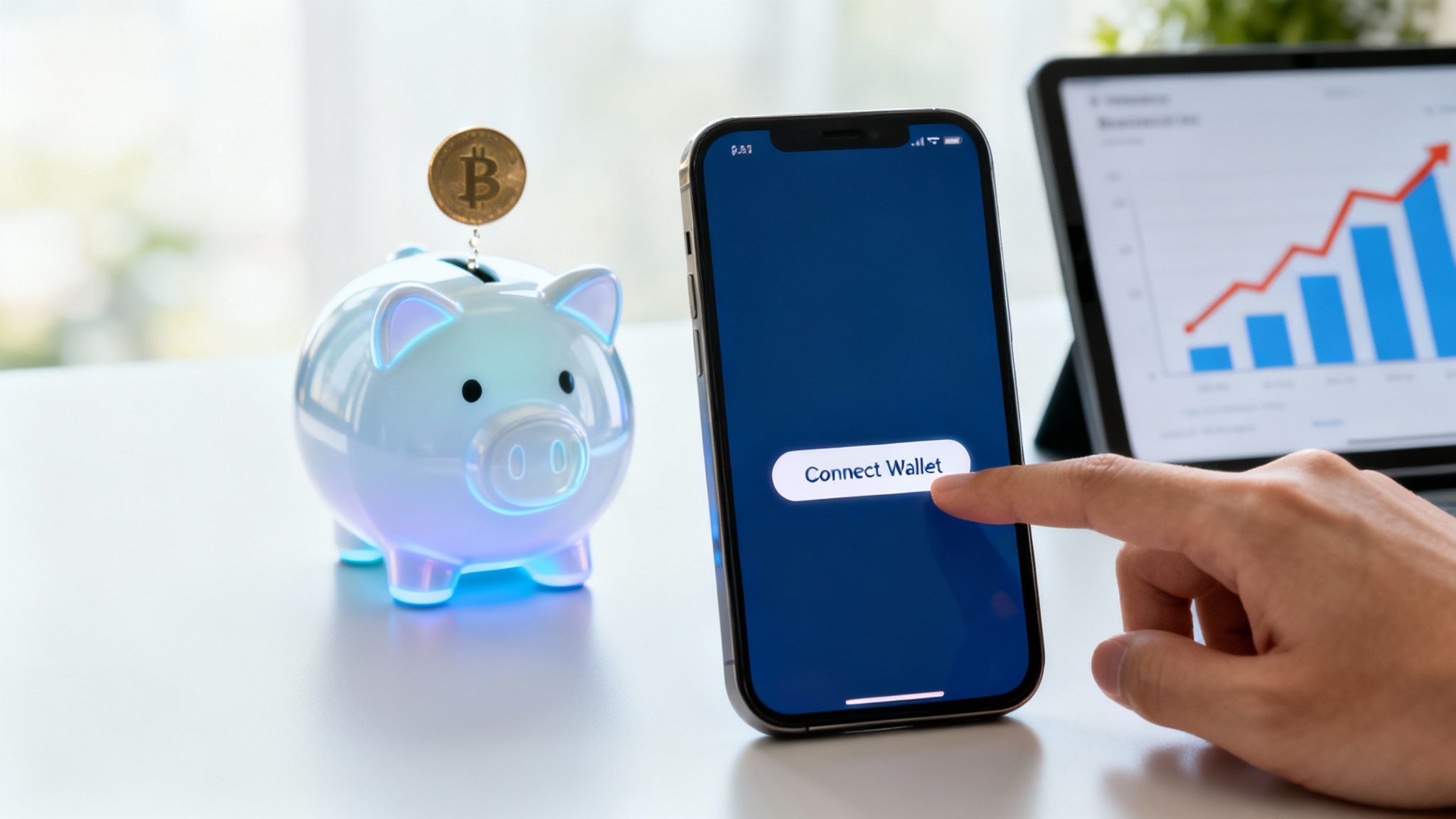 A hand taps 'Connect Wallet' on a smartphone next to a Bitcoin piggy bank, with a financial growth chart.