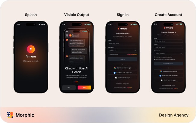 Mobile onboarding quick-win diagram showing four dark mobile screens labelled Home, Online Store, Tips, and Order Support