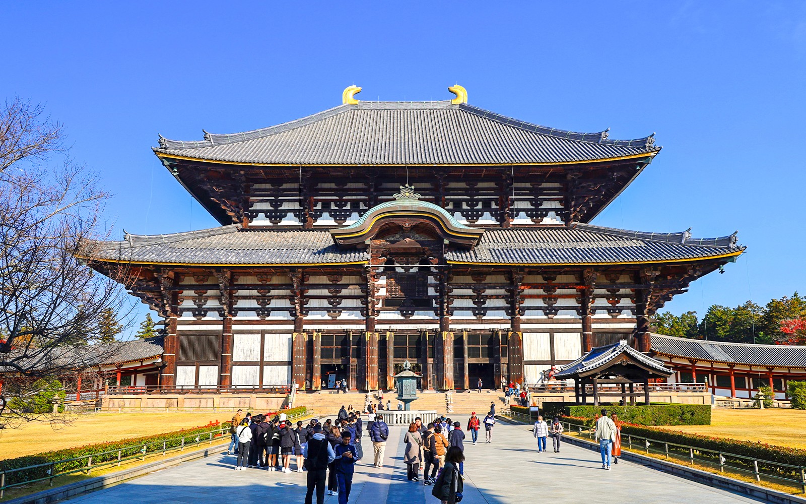 Templo Todaiji en Nara con visitantes, parte del tour de un día en autobús Nara y Kioto.