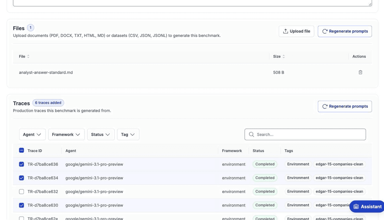 The Sources tab lists the instructions, files and traces behind a benchmark