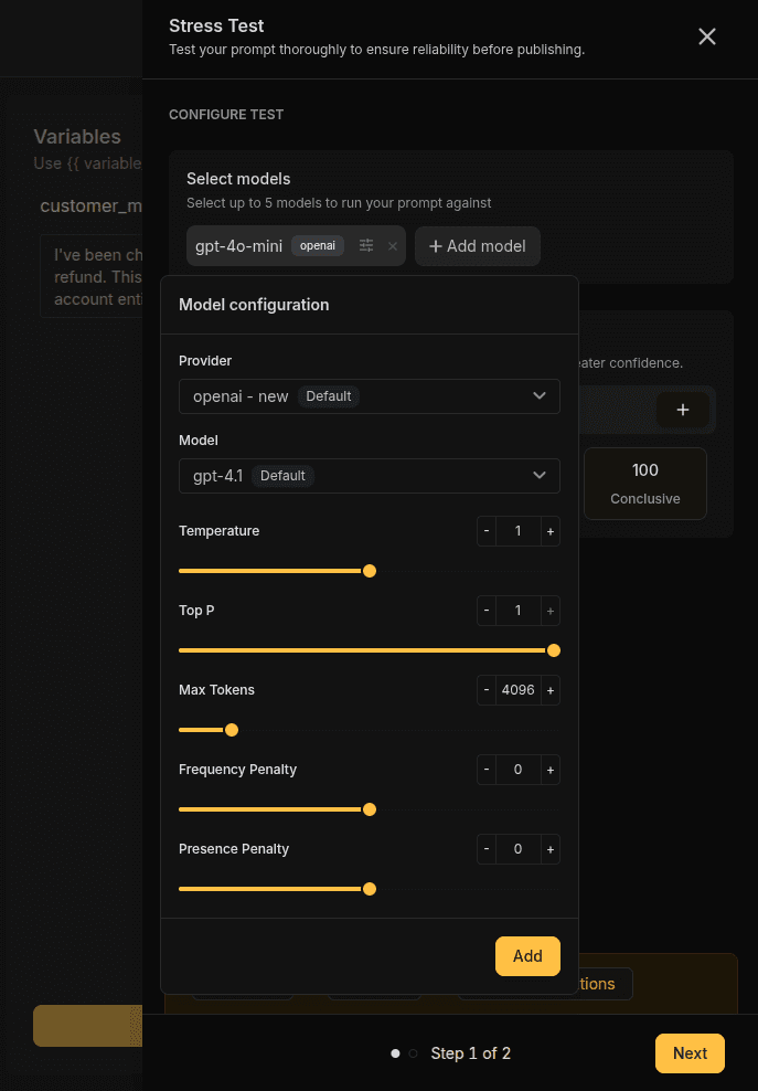 Stress-test setup — choose models, runs and evaluators