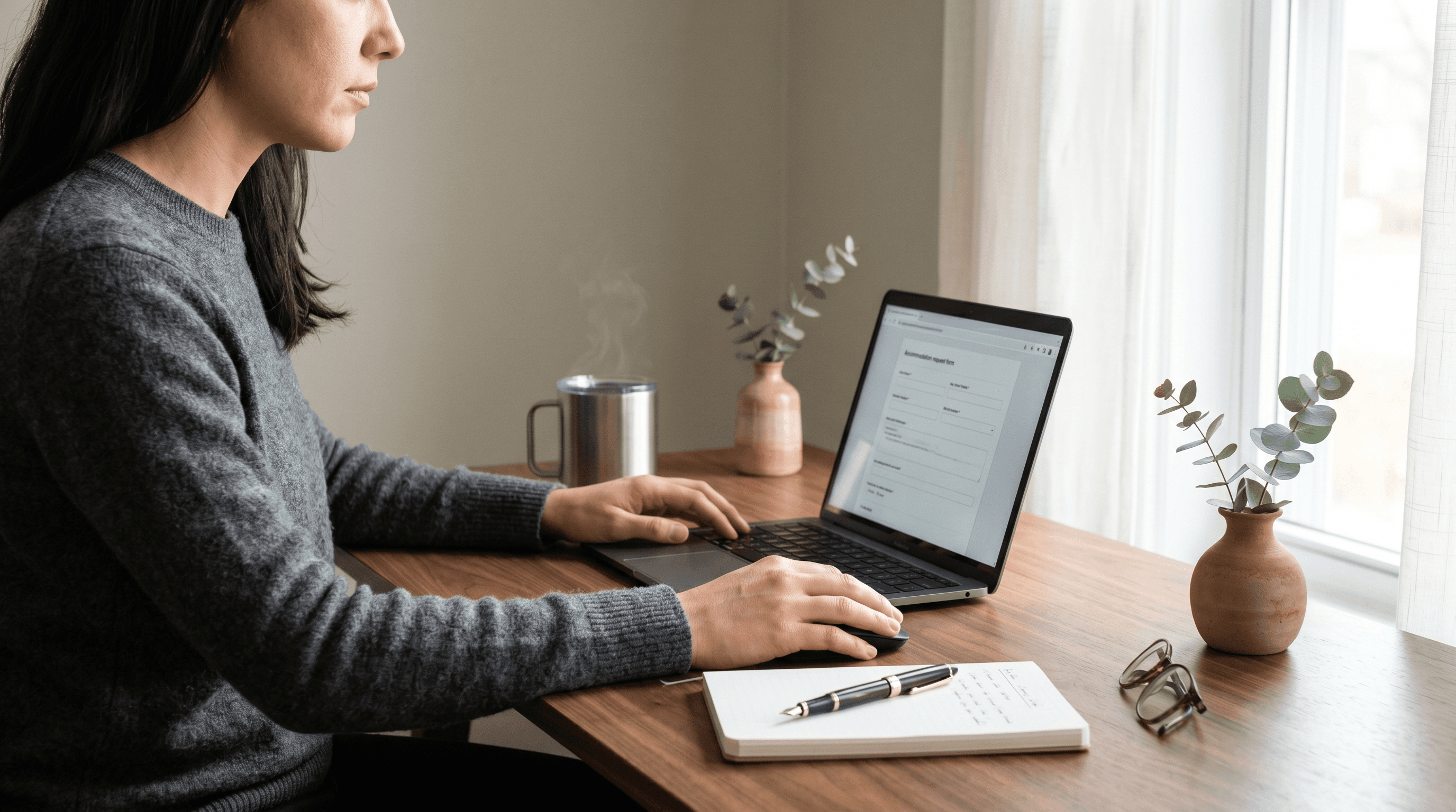 Person reviewing an accommodation request form on a laptop at a home desk with a coffee mug and notebook nearby