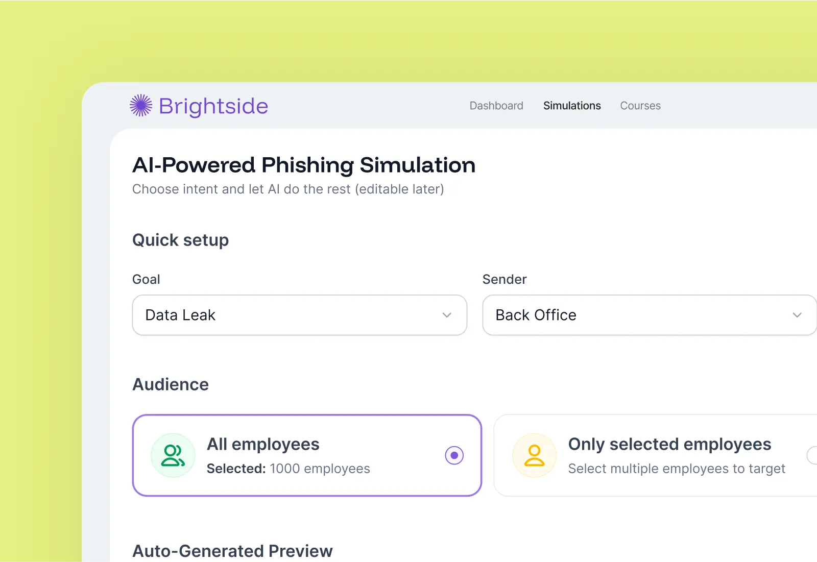 AI-powered phishing simulation setup interface with audience targeting and customizable attack scenarios