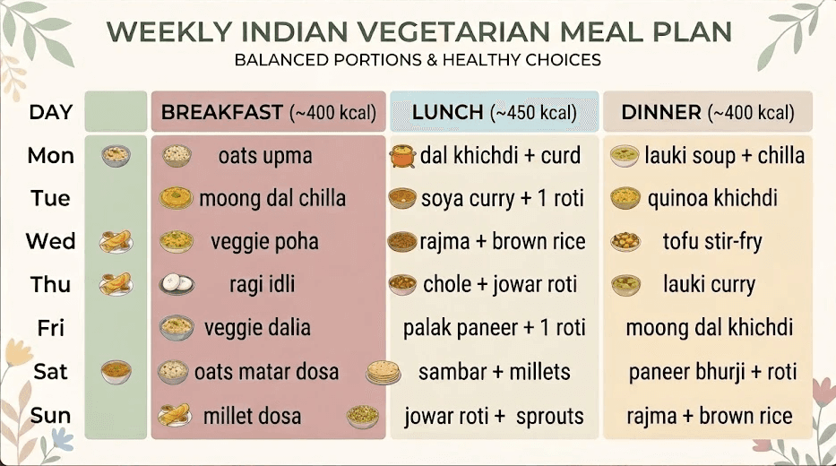 A detailed weekly Indian vegetarian meal plan infographic chart. It features balanced portions and healthy food choices with small icons, including entries for Oats Upma, Dal Khichdi, Veggie Poha, Ragi Idli, and Tofu Stir-fry, complete with estimated calorie counts for breakfast, lunch, and dinner.