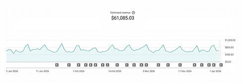Revenue analytics graph showing over $61K in estimated revenue with consistent earnings trends across multiple months.
