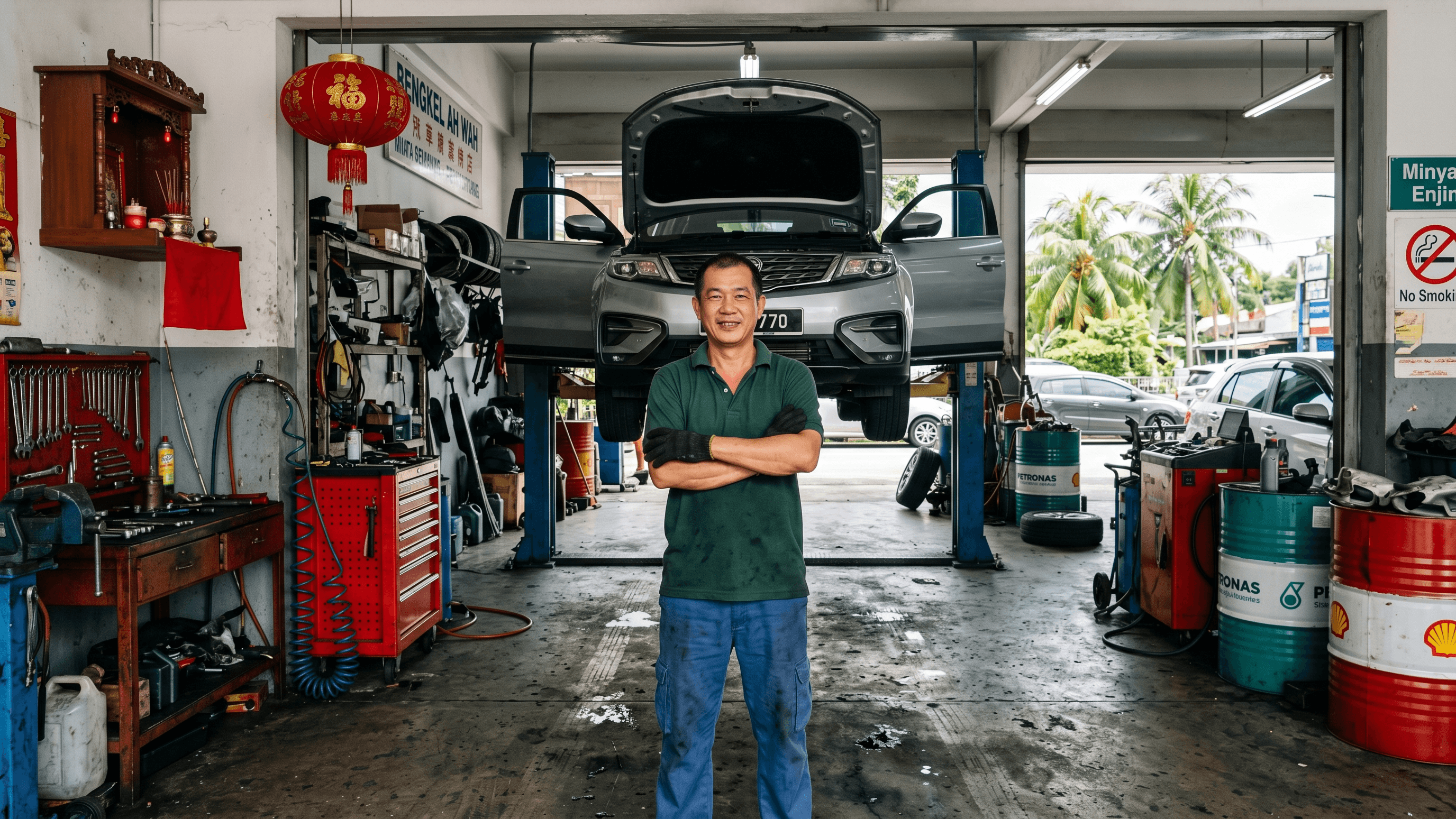 Workshop at Puchong with male mechanic standing with arms crossed in the center of a bustling, authentic auto repair shop in Malaysia