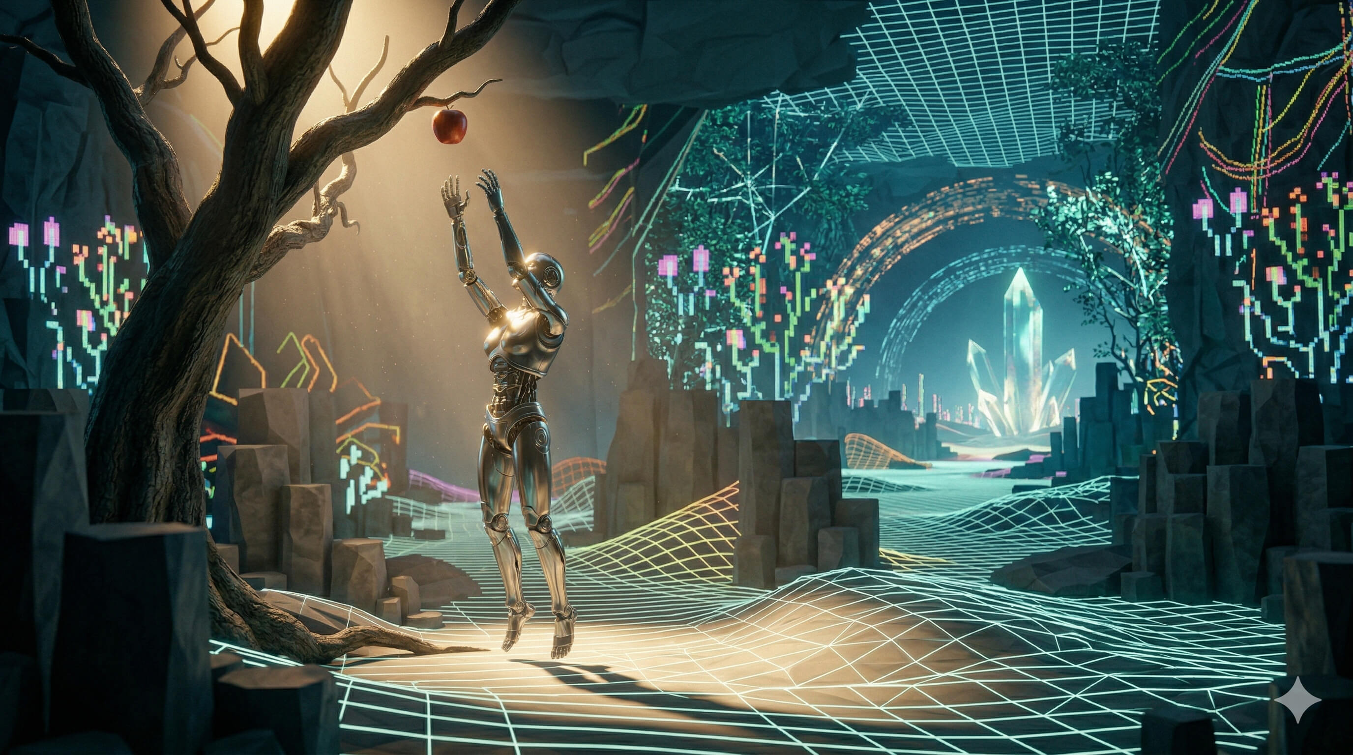 Humanoid entering a glowing digital tunnel for AI implementation