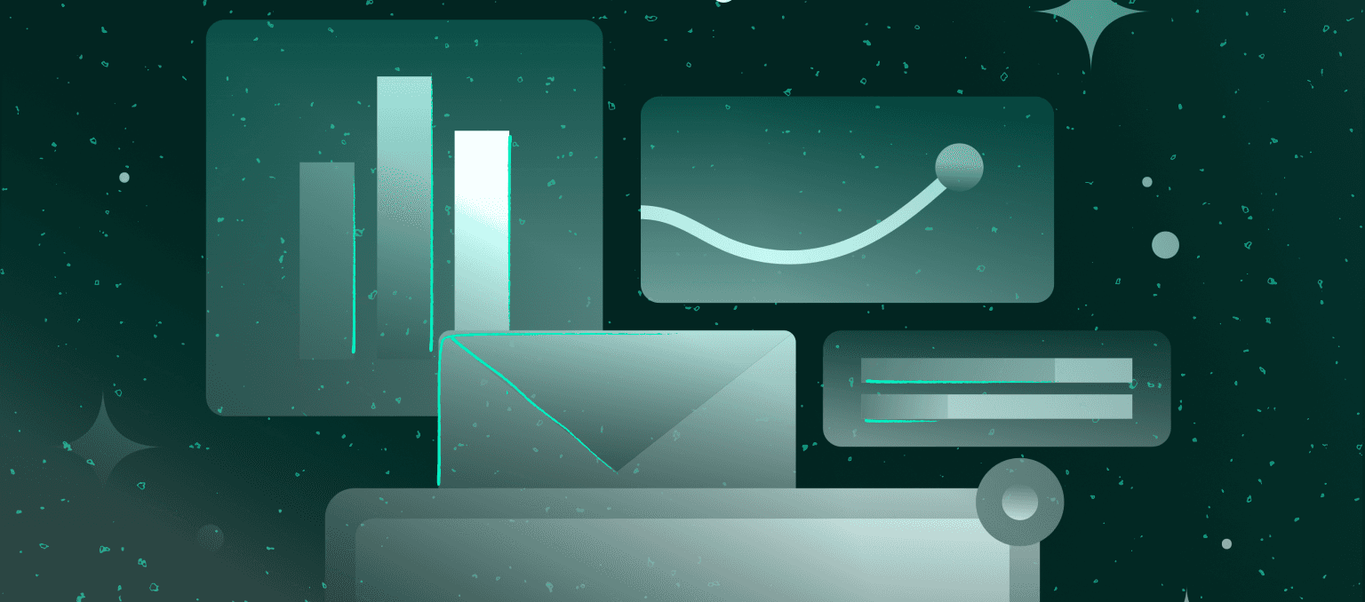 Abstract dashboard-style illustration with charts, graphs, and an email icon, representing misleading email open rates and the need for better performance metrics.