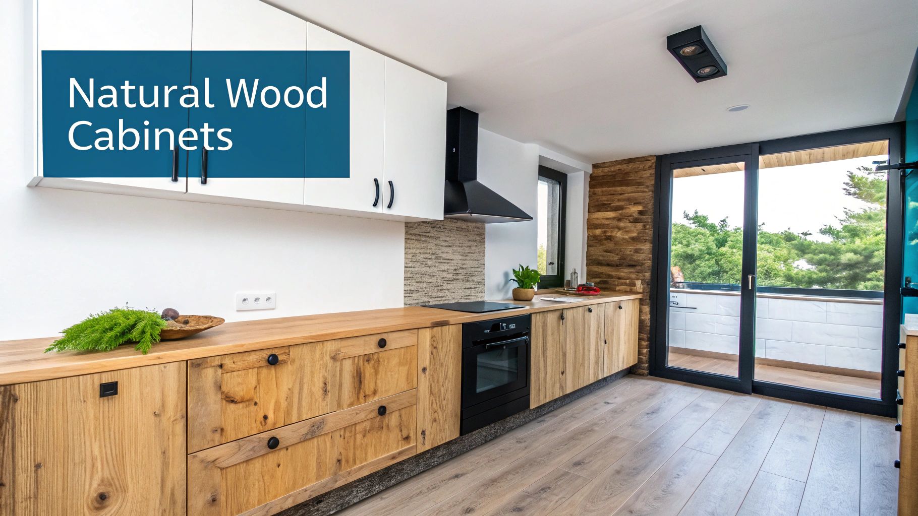A modern kitchen featuring natural wood base cabinets, white upper cabinets, and a black sliding glass door.