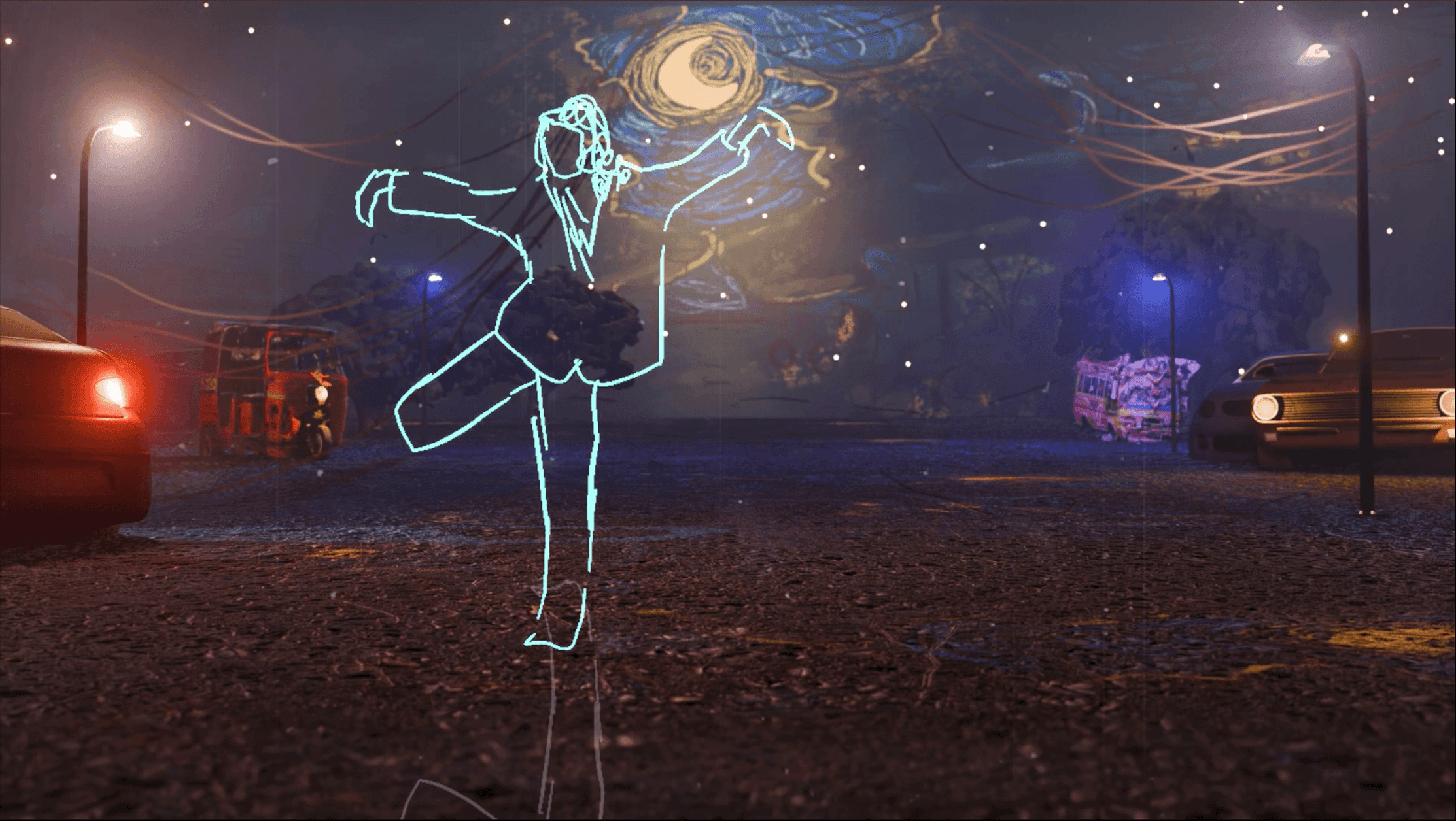 3d background of a street with a hand drawn girl posing in it