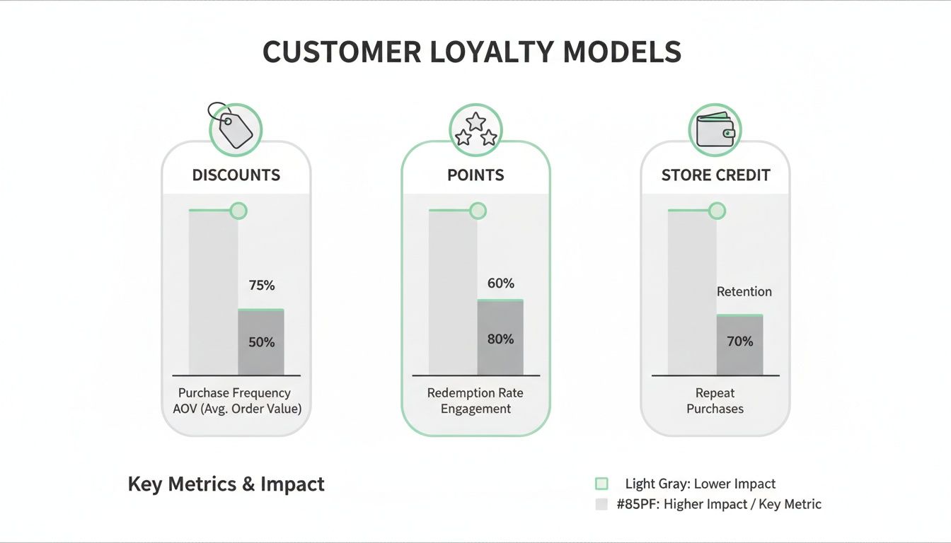 Infographic detailing customer loyalty models (Discounts, Points, Store Credit) and their impact on various business metrics.