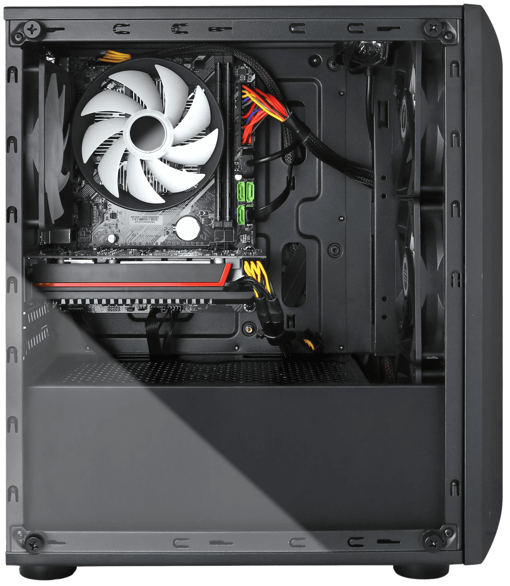 The image showcases a high-end gaming PC case with a sleek design featuring a vibrant and colorful fan at the top, ensuring superior cooling for optimal performance. The clear side panel reveals the internal components, including a powerful graphics card and neatly managed cables, emphasizing the PC's readiness for intense gaming sessions. This setup is ideal for gamers looking for a machine that combines aesthetic appeal with functionality and top-tier gaming capabilities.