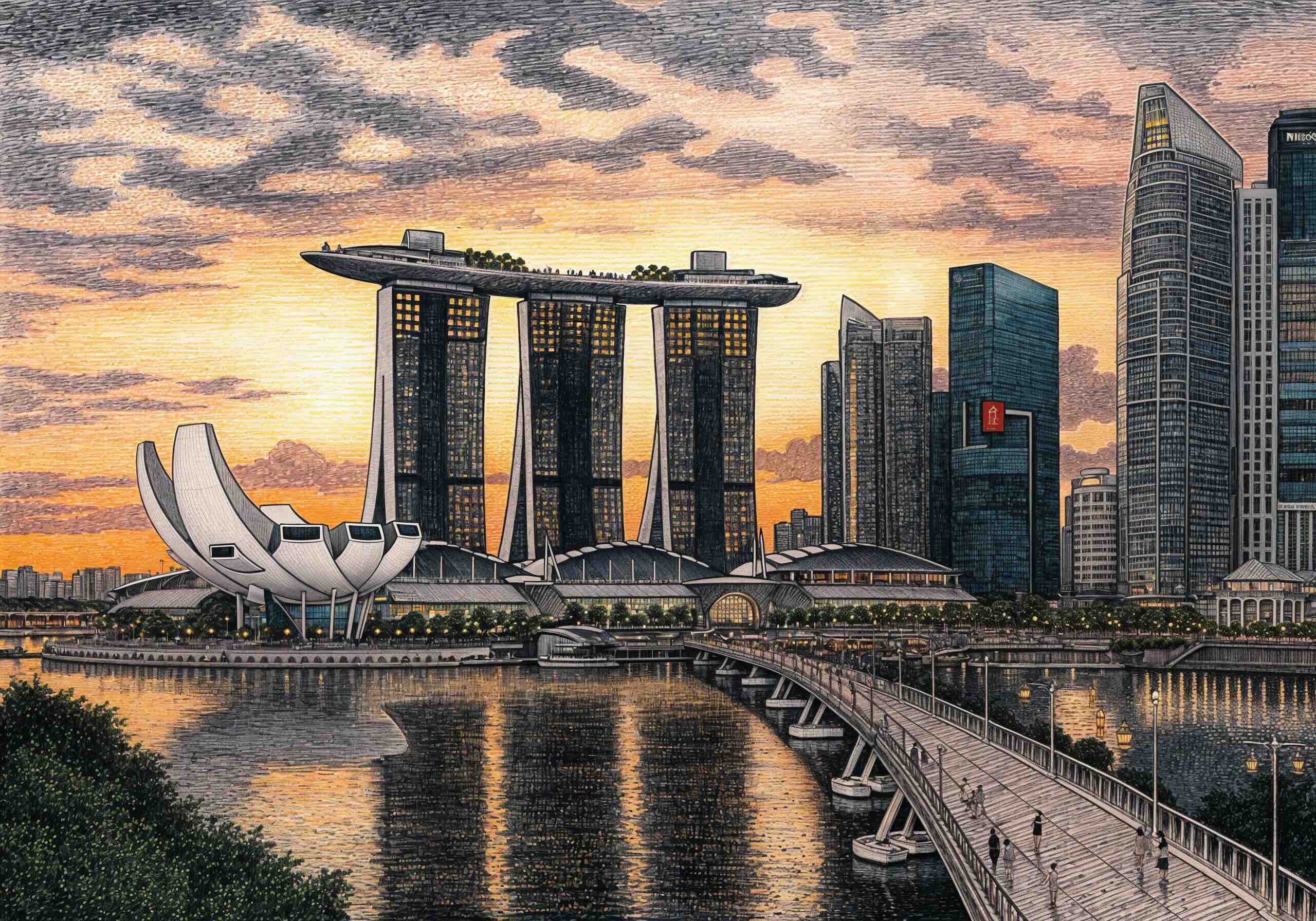 A detailed illustration of Singapore’s Marina Bay skyline at sunset, featuring the iconic Marina Bay Sands hotel, the ArtScience Museum, and a waterfront promenade reflecting city lights.