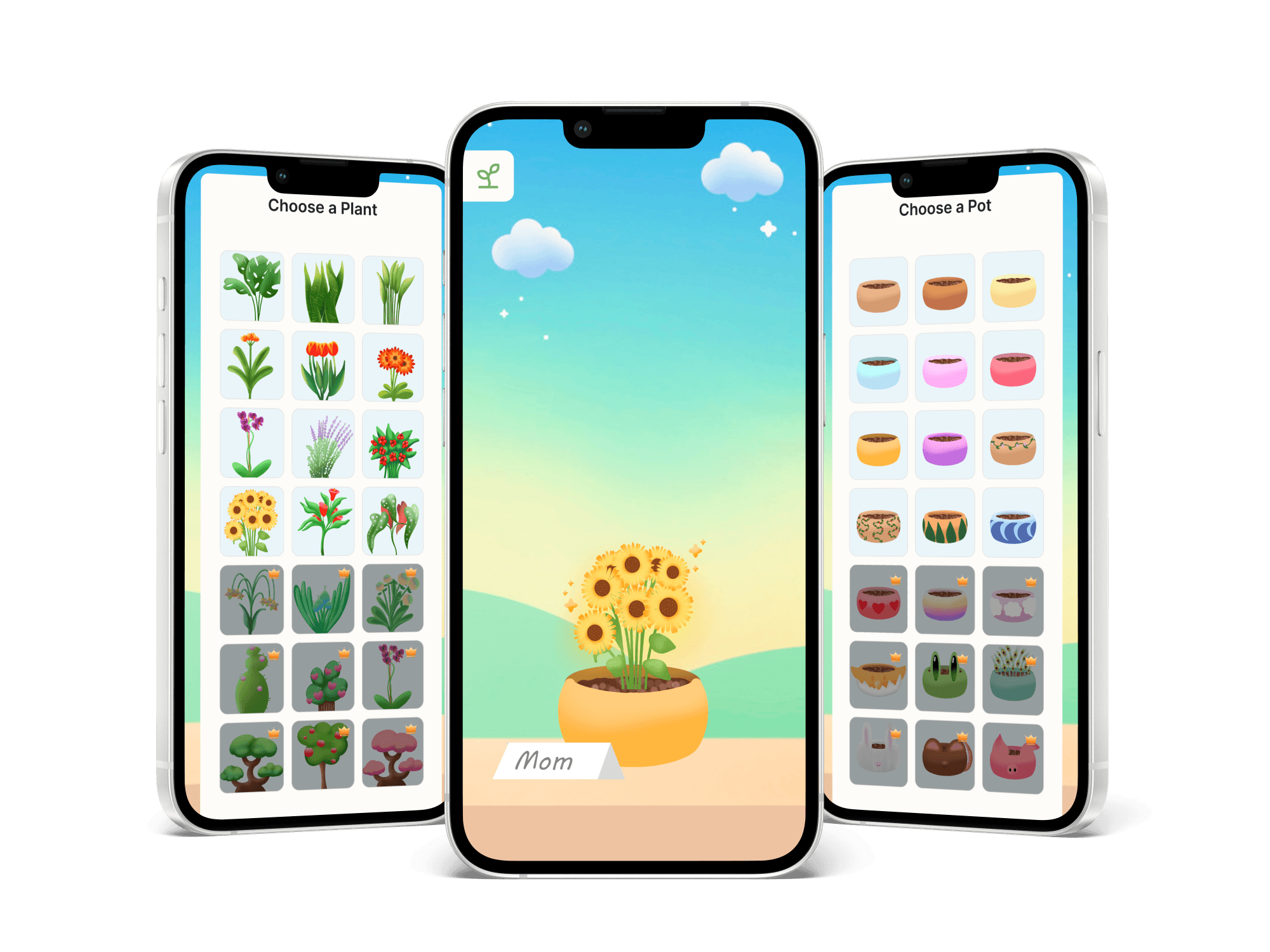 screens from the Growth App showing pot selection, plant selection, a personalised plant view, gesture sending, a relationship dashboard with activity tracking, a calendar view and the full plant collection.