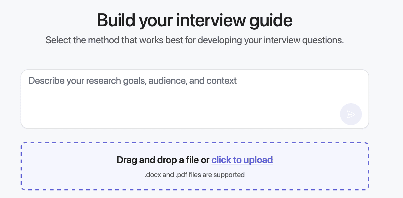 Interface for creating an AI interview guide by describing research goals, audience, and context