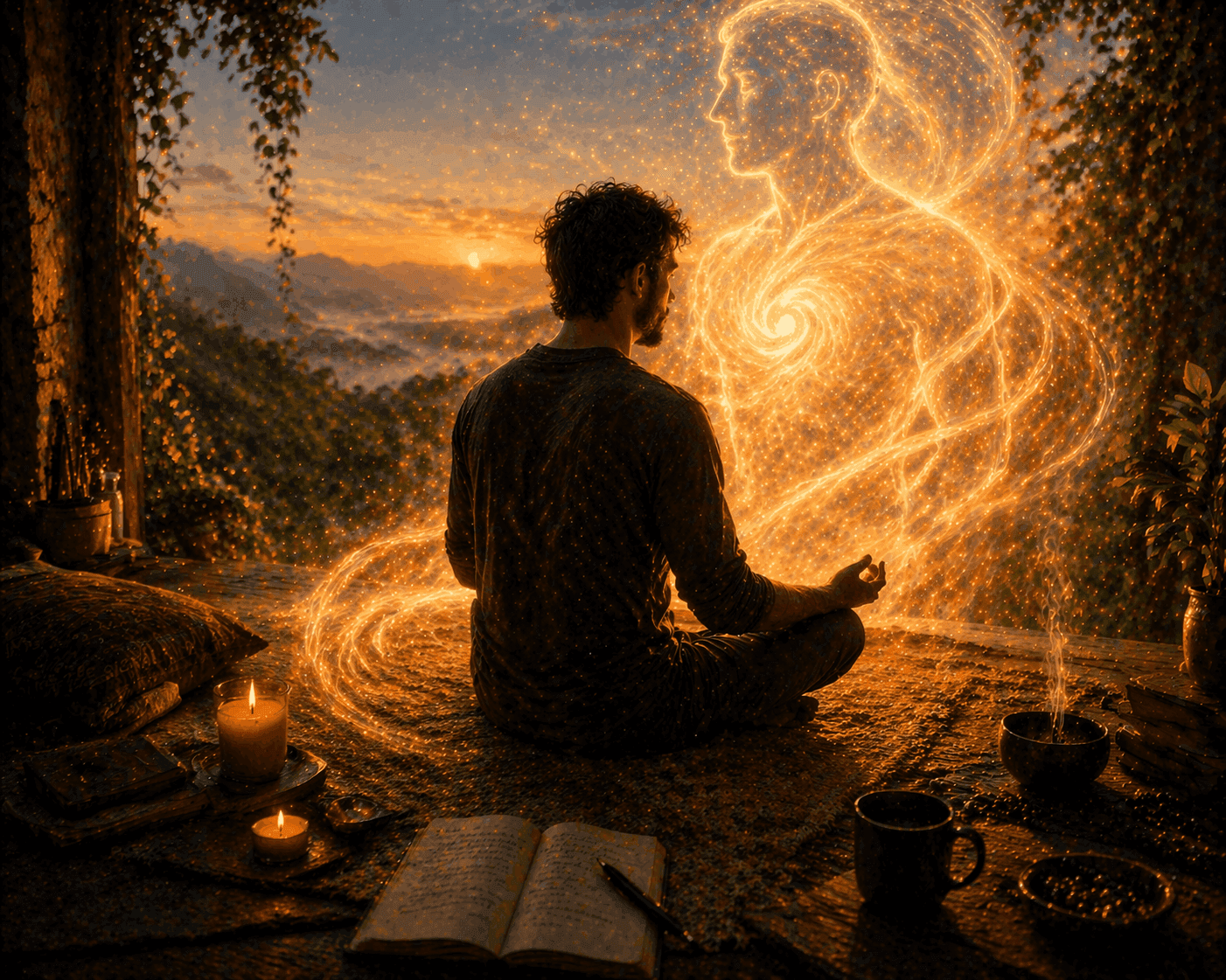 A quiet moment of meditation where a man feels accompanied by his higher self