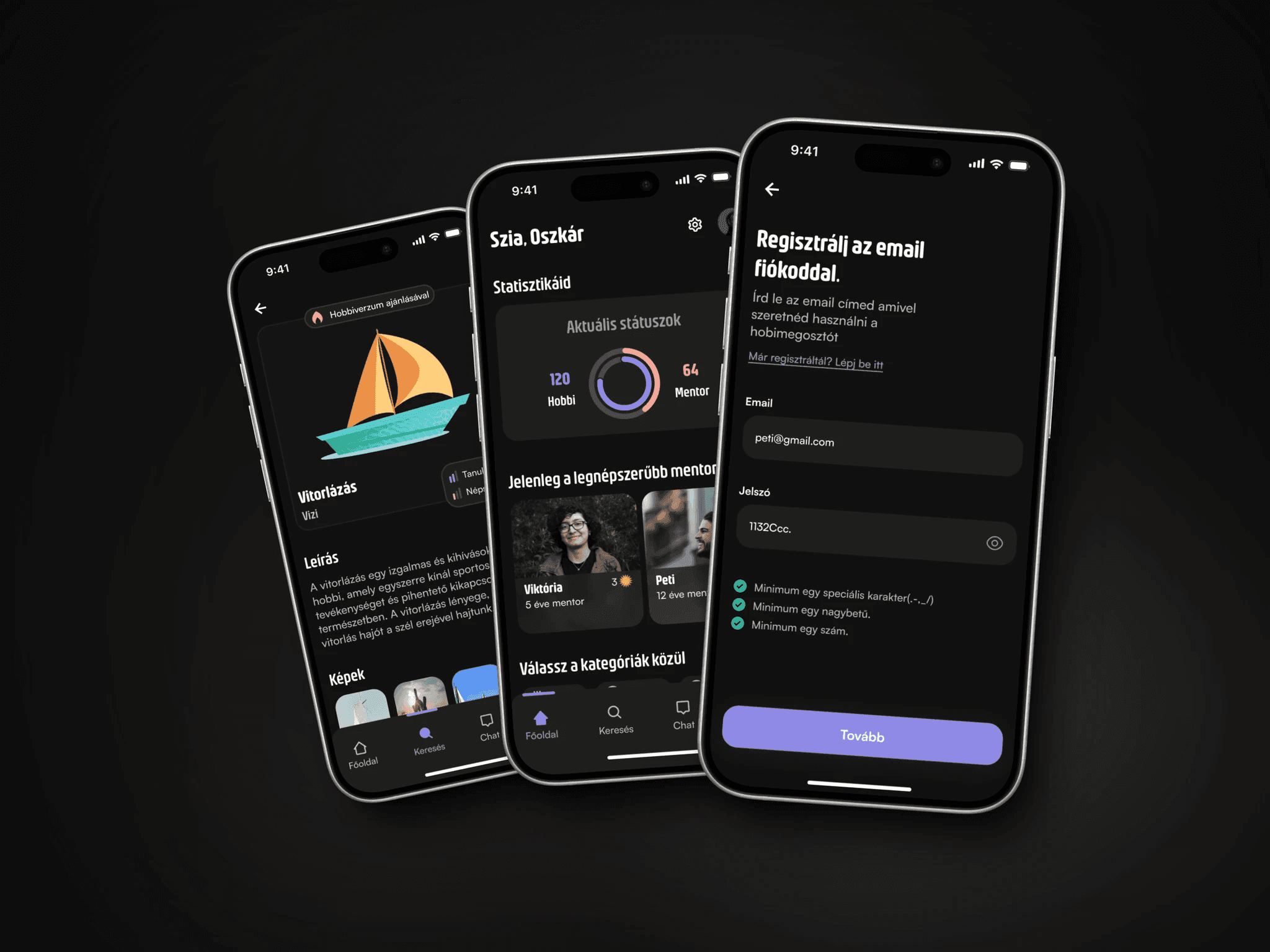 Three mobile app screens displaying hobby search, recommendation browsing, and detailed activity information in a social discovery app.