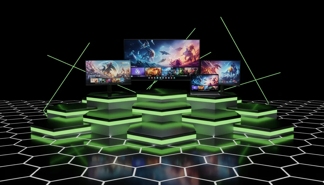 3D render, product showcase, a collection of gaming devices including a large TV, monitor, and laptops arranged on a multi-tiered display of glowing neon green hexagonal pedestals with glossy black tops. The setting is a dark studio with a reflective black floor etched with an illuminated white hexagonal grid. Abstract green light beams slice through the pure black background. All device screens are brightly illuminated, displaying colorful fantasy and sci-fi video game splash screens. Soft global illumination, Blender style, cinematic contrast, high-tech aesthetic.