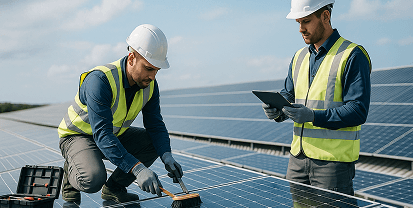 Engineers inspecting solar panels outdoors