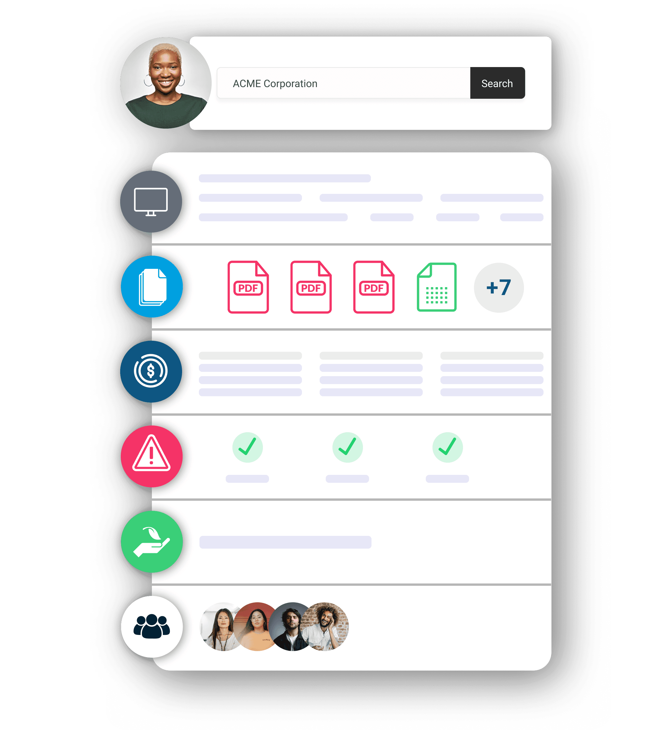 The image displays a user interface of a document management system featuring icons for computer, documents, monetary transactions, alerts, and collaboration, with several PDF icons and checked items, conveying a business and productivity theme.