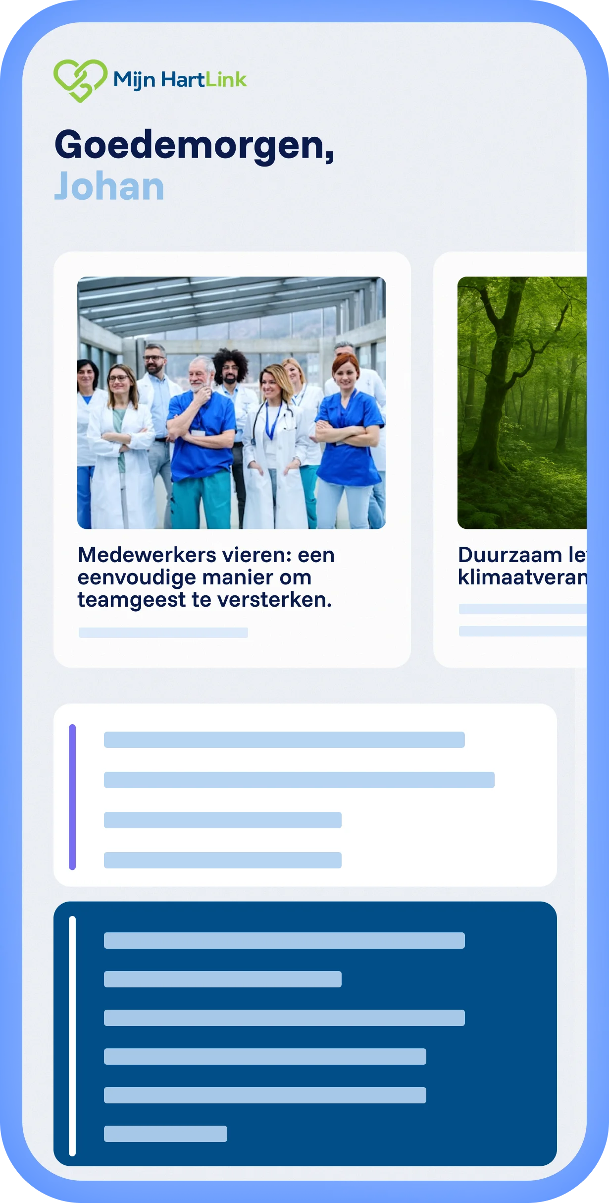 Spencer platform met lokale ervaring en eigen Van Laere branding, gepersonaliseerde feed met artikelen en overzichtelijke layout