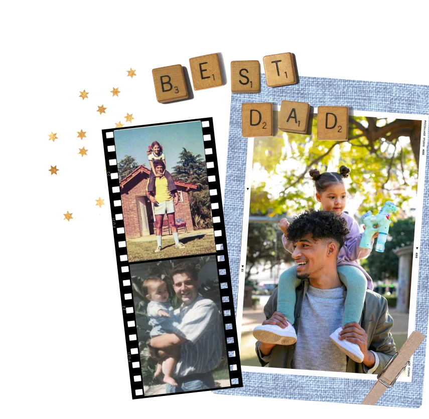 Father's Day card collage with vintage film-strip photos, a beach family photo, and 'Best Dad' wooden Scrabble tiles.