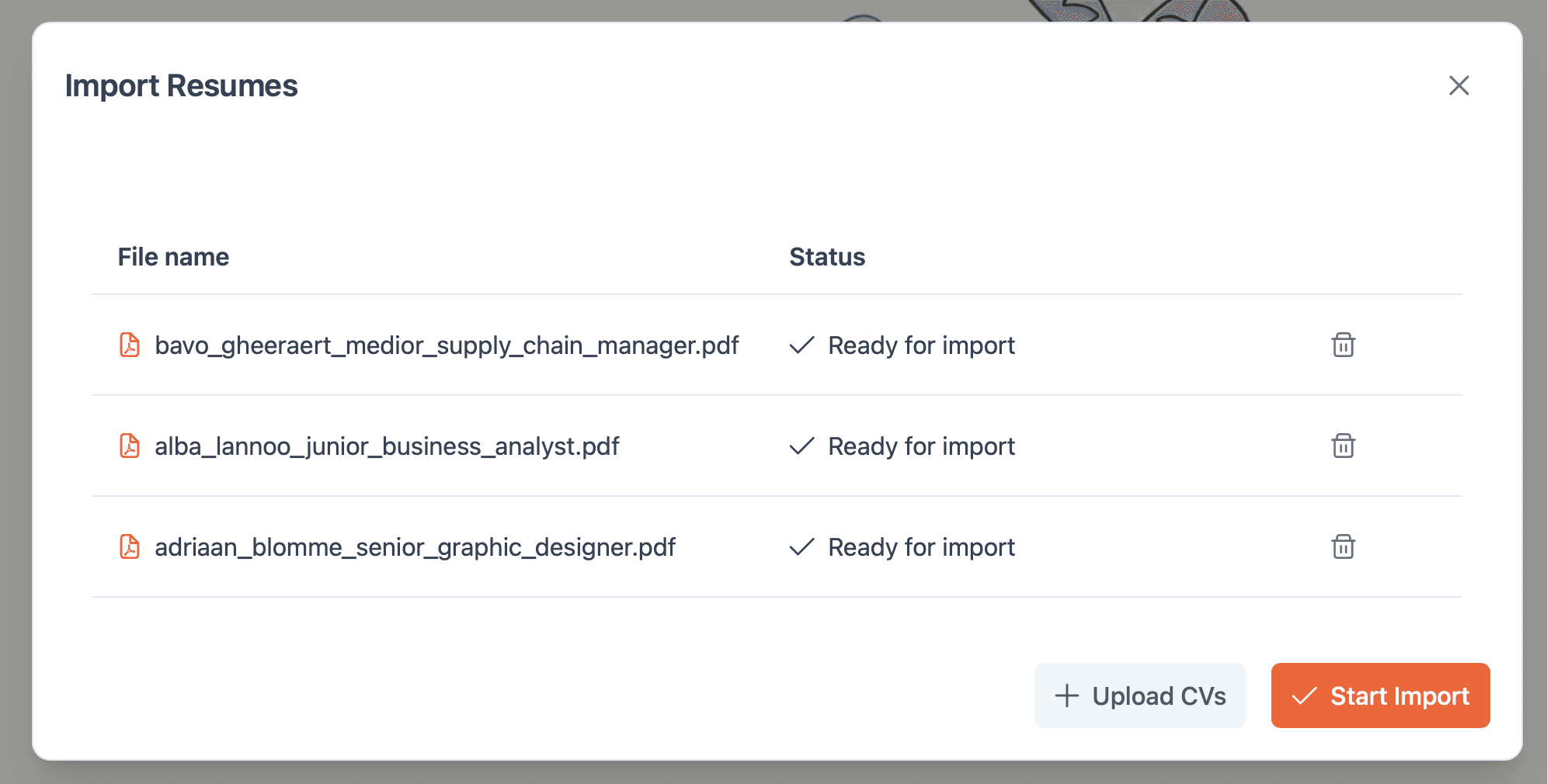 A screenshot of the popup with 3 CVs added. All have the status 'Ready for import'.